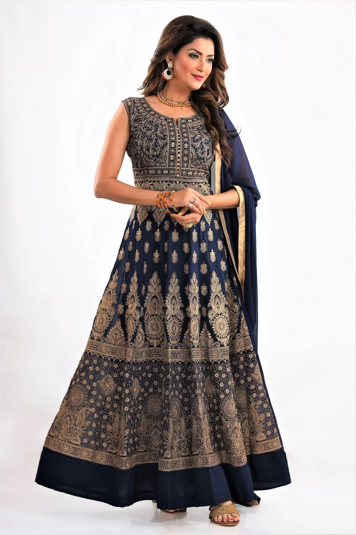 50Y052-RO Navy Georgette Embroidered Anarkali with Chiffon Dupatta