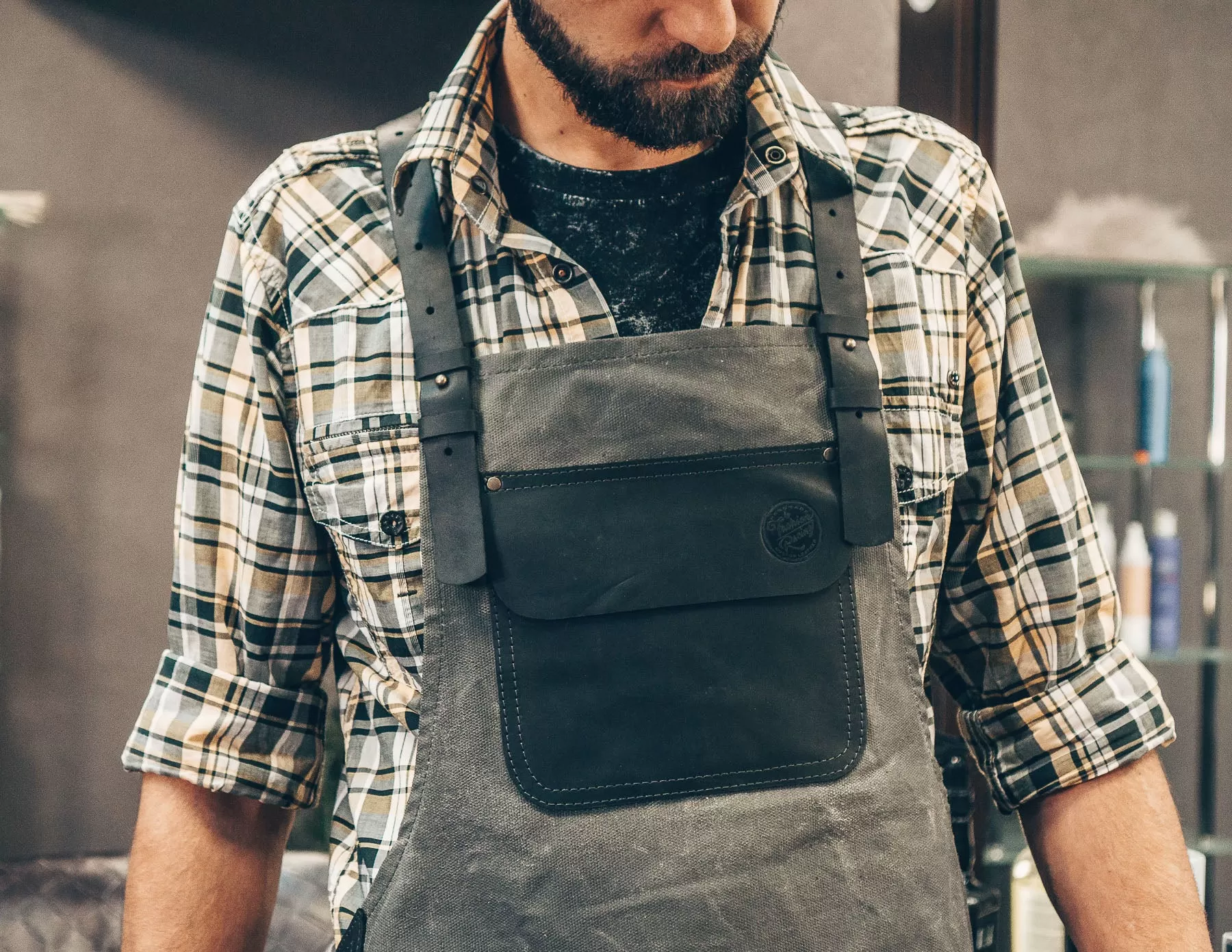 APRON - Waxed Grey Canvas & Black Leather | Handmade