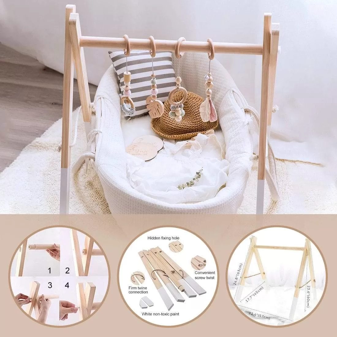 Baby Toys Wooden Play Gym Hanging Mobile Bed Holder Star Pendant Stroller Baby Toy Bell Wood Rattle Ring Newborn Educational Toy