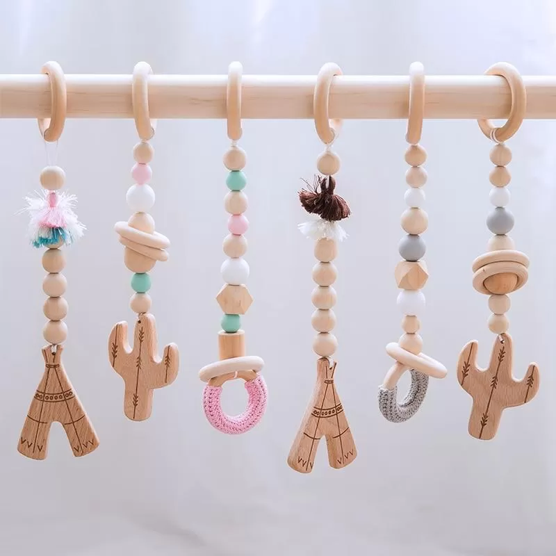 Baby Toys Wooden Play Gym Hanging Mobile Bed Holder Star Pendant Stroller Baby Toy Bell Wood Rattle Ring Newborn Educational Toy