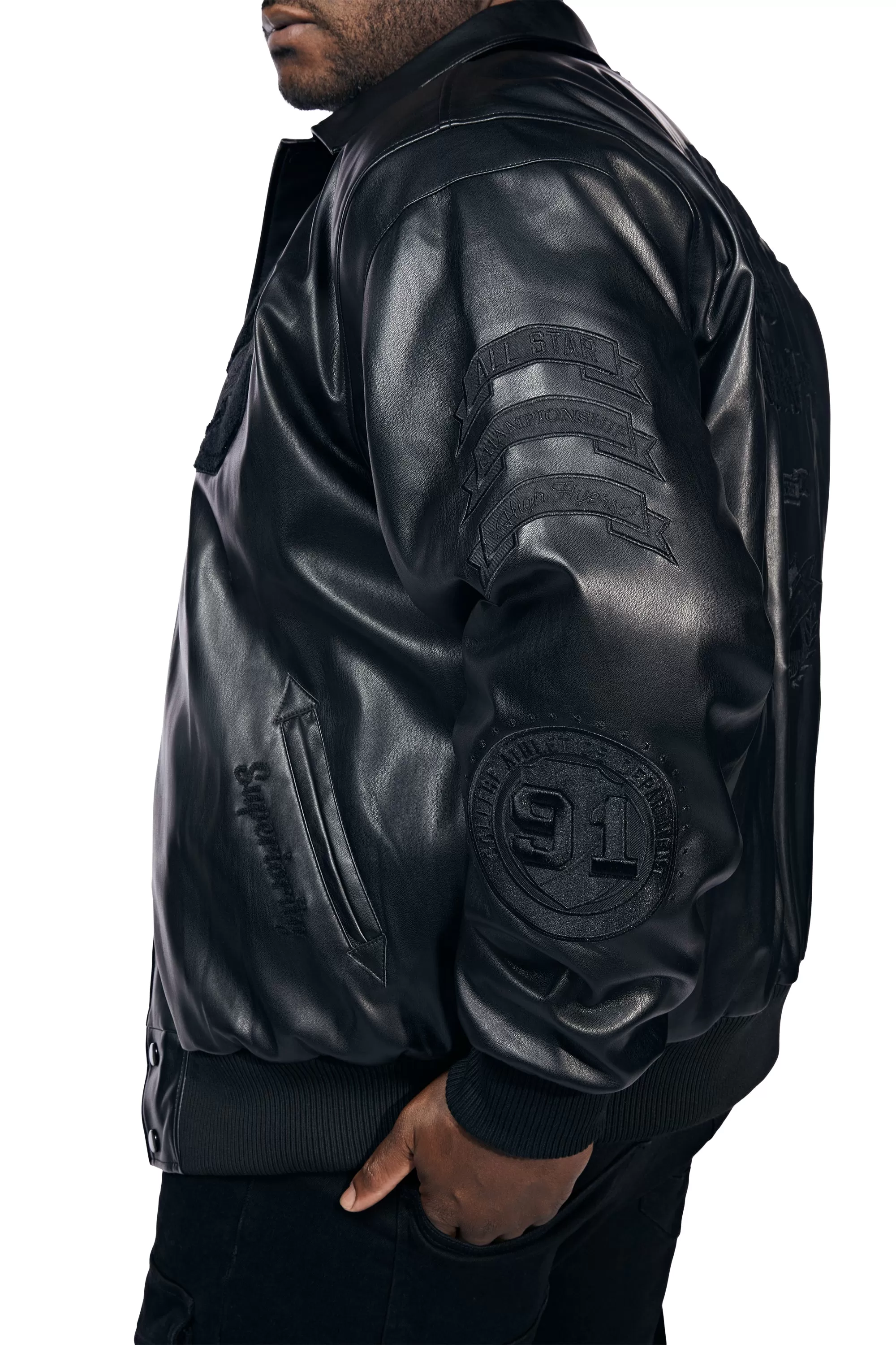 Big And Tall Vegan Leather  Varsity Jacket - Black