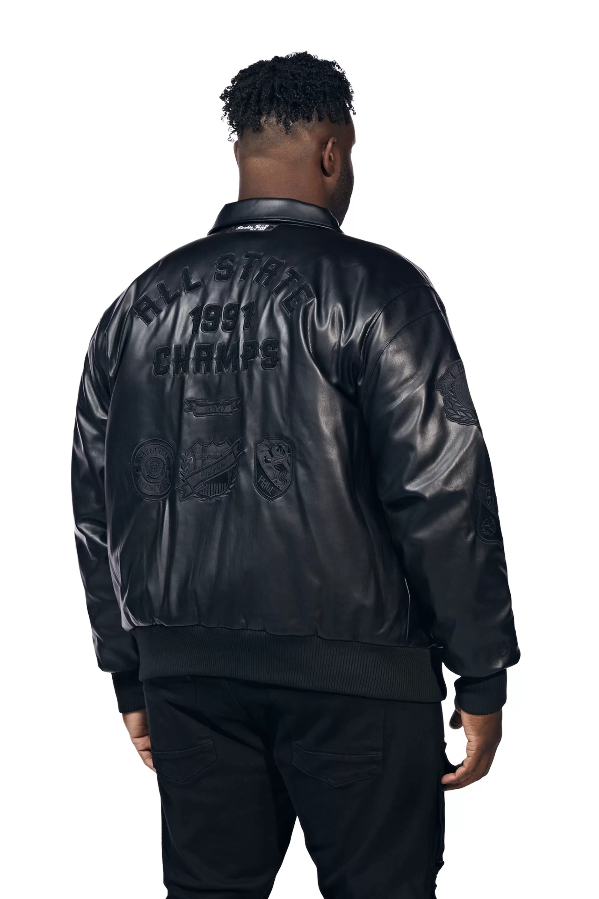 Big And Tall Vegan Leather  Varsity Jacket - Black