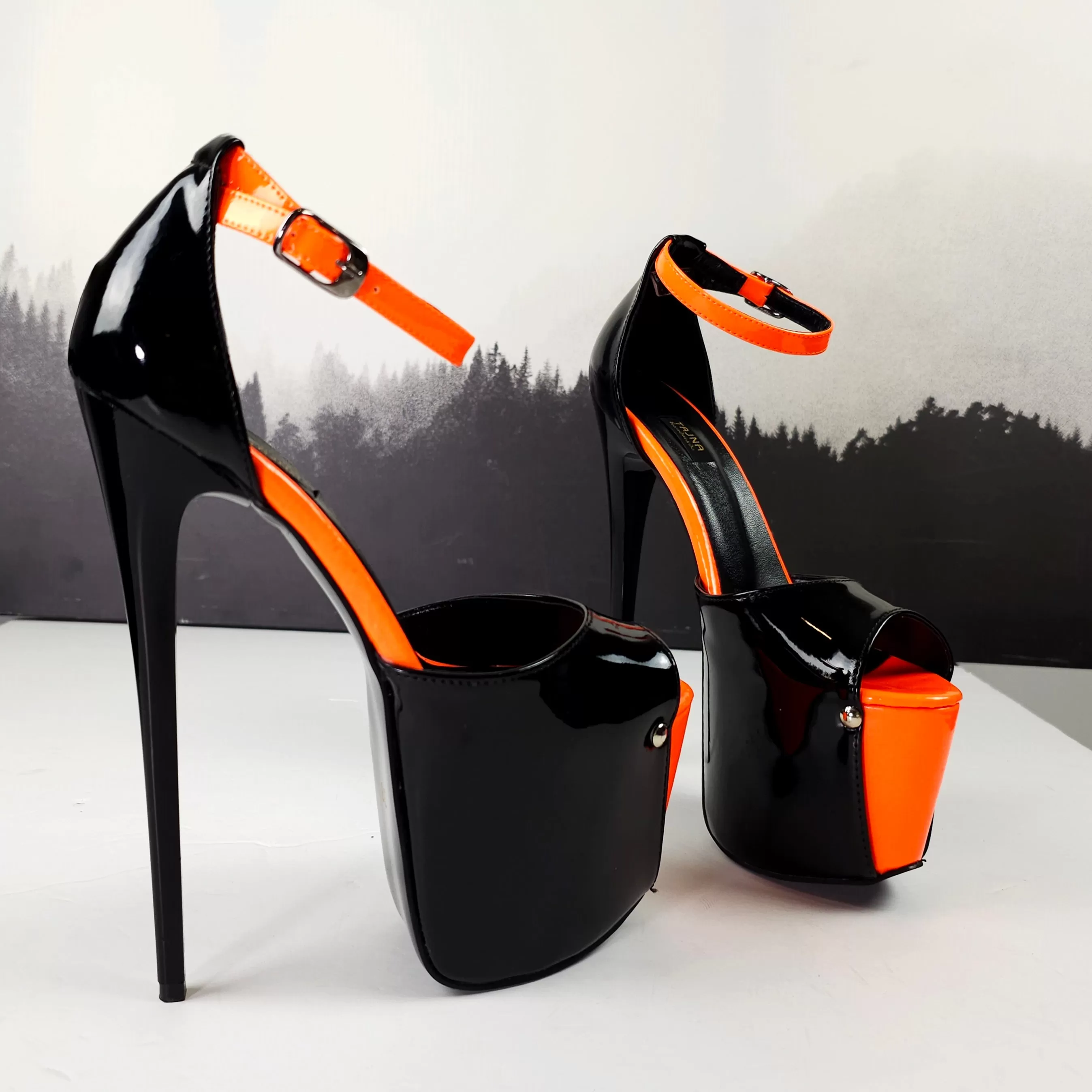 Black Gloss Orange Detail Ankle Strap High Heels