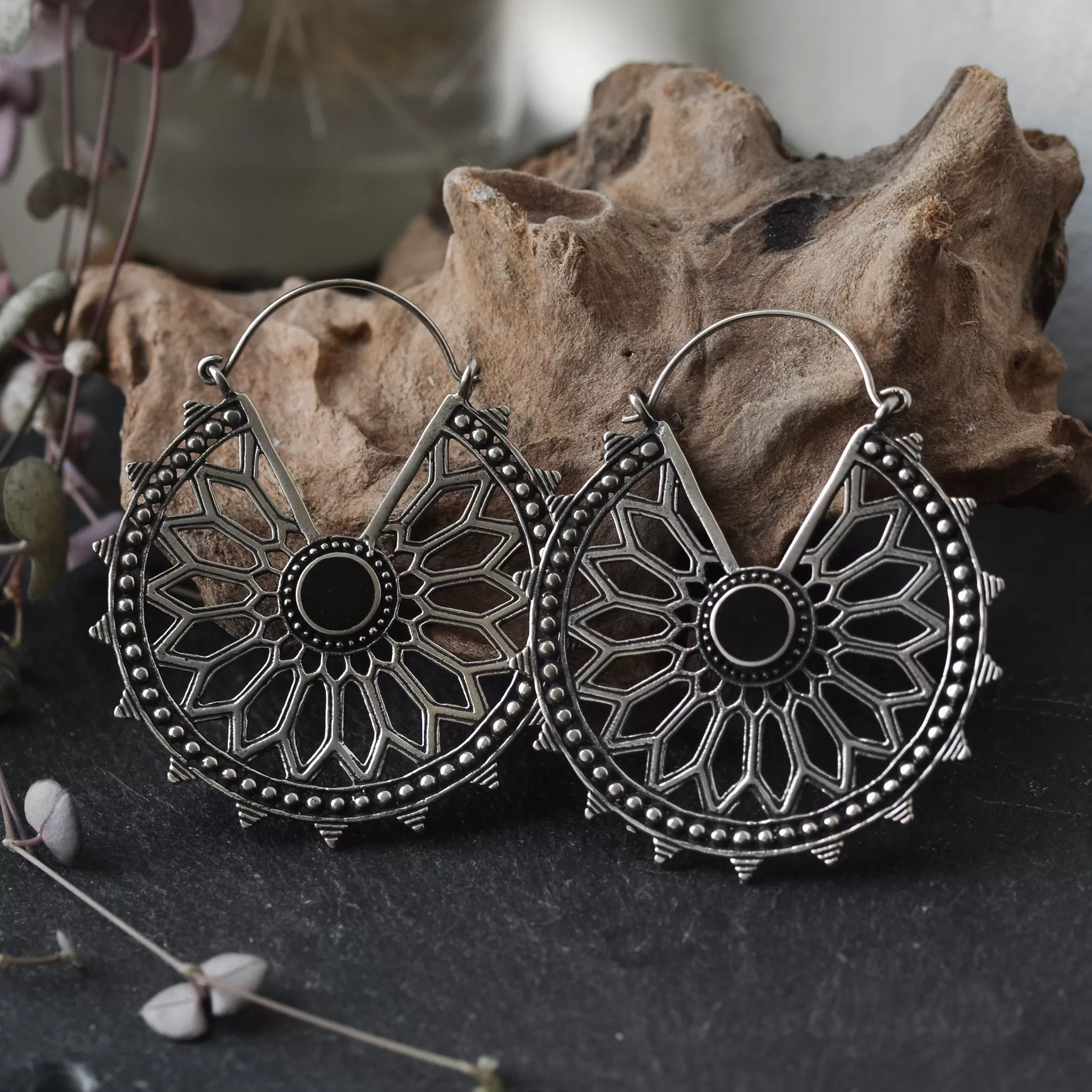 Black Shell Mandala Hoops - Silver