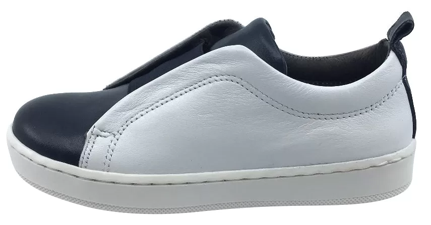 BluBlonc Boy's & Girl's White and Navy Leather with Elastic Middle Sneaker Shoe