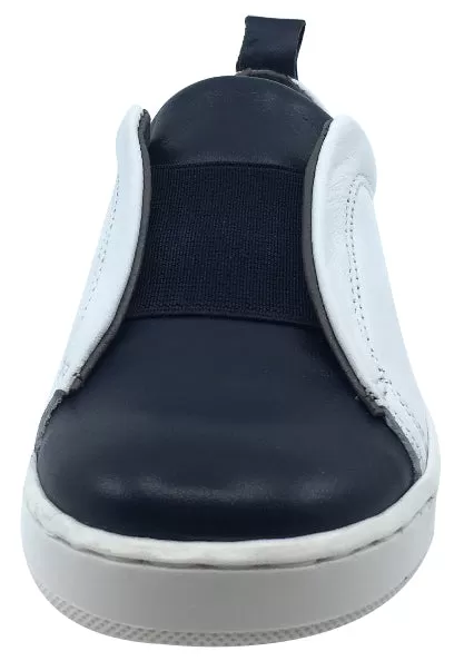 BluBlonc Boy's & Girl's White and Navy Leather with Elastic Middle Sneaker Shoe