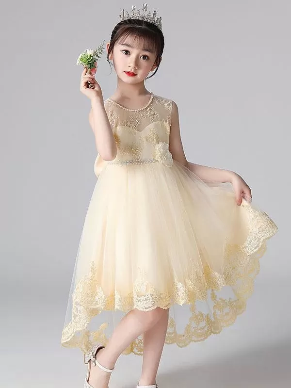 Champagne Tulle Flower Girl Dresses Jewel Neck Sleeveless Beaded Kids Party Dresses