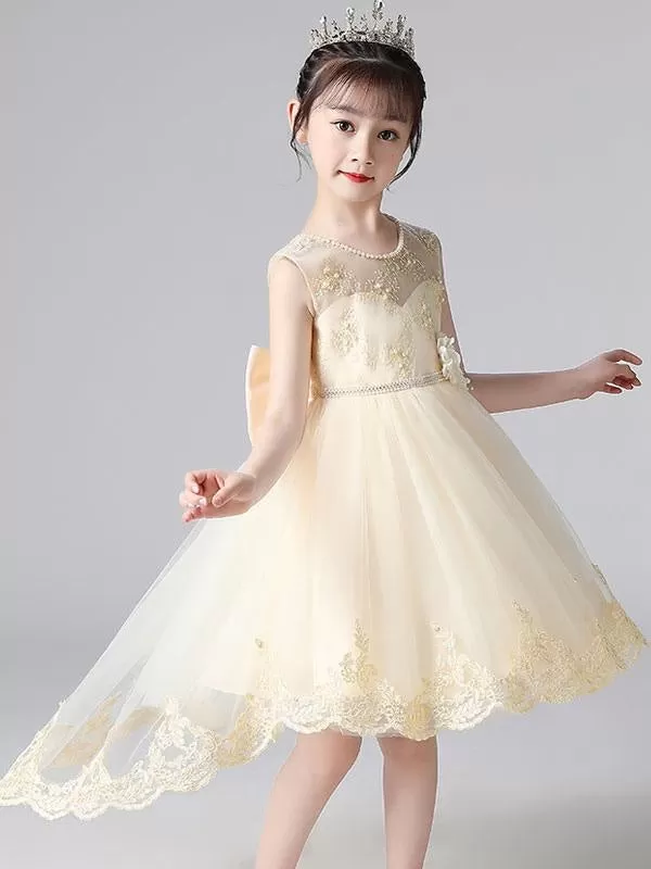 Champagne Tulle Flower Girl Dresses Jewel Neck Sleeveless Beaded Kids Party Dresses