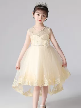 Champagne Tulle Flower Girl Dresses Jewel Neck Sleeveless Beaded Kids Party Dresses