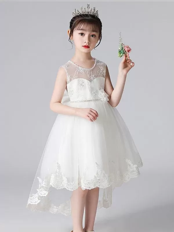 Champagne Tulle Flower Girl Dresses Jewel Neck Sleeveless Beaded Kids Party Dresses