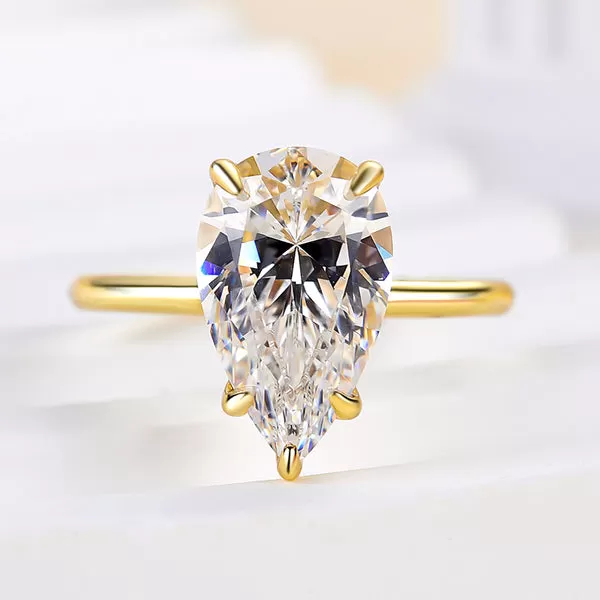 Classic Solitaire Pear Cut  Golden Tone Engagement Ring