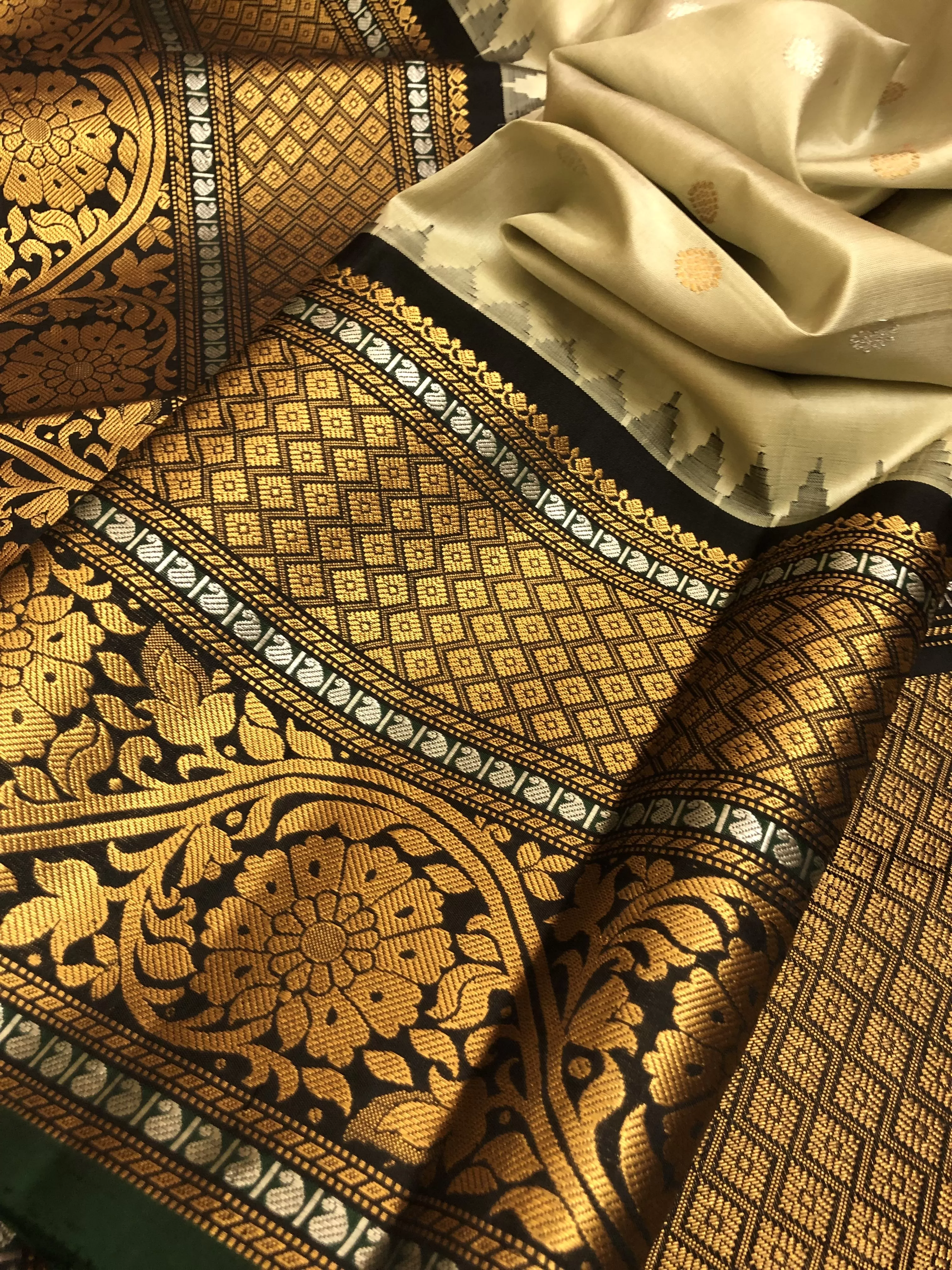 Cream and Black Color Gadwal Silk Saree with Antique and Silver Zari Work