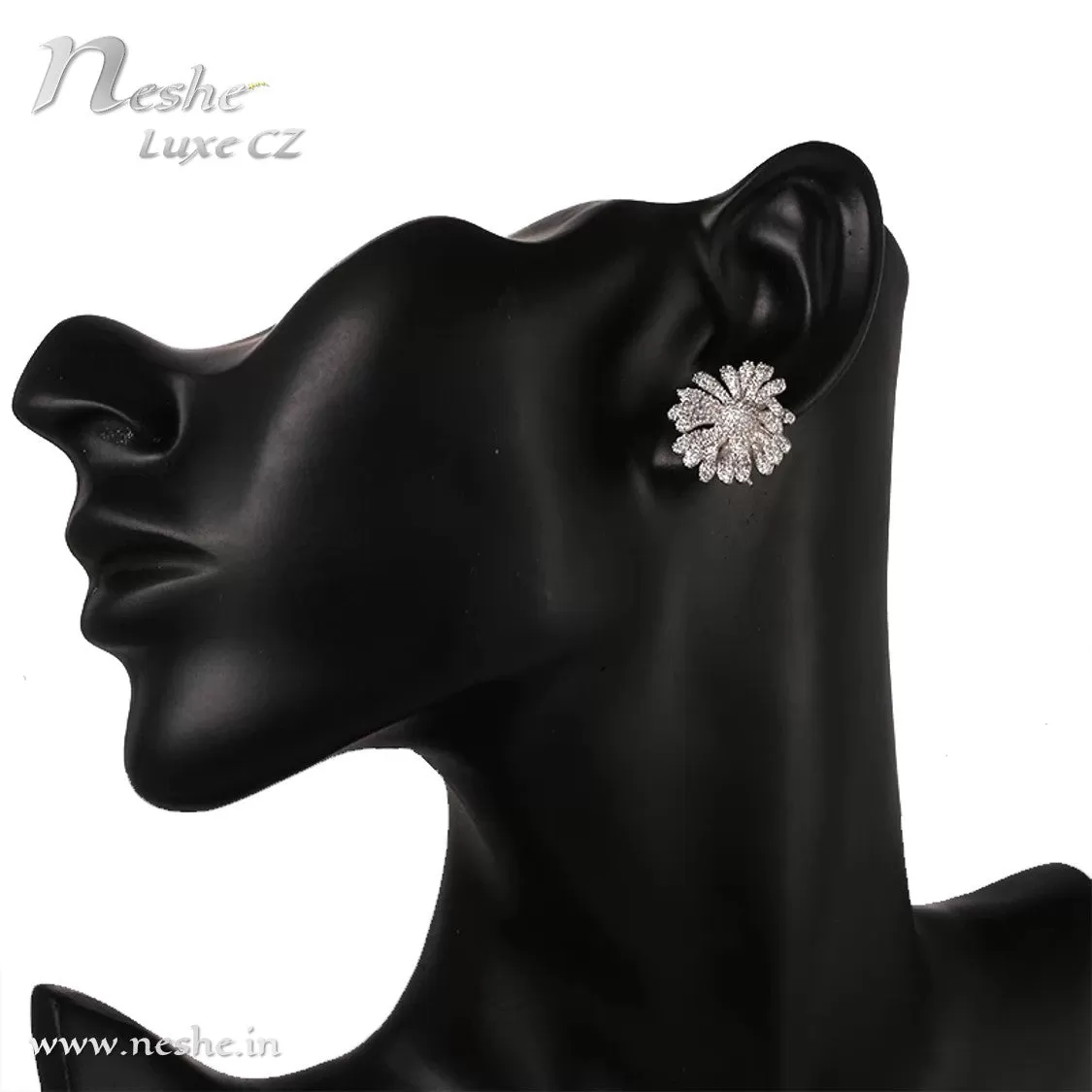 CZ Crystal Silver Flower Statement Party Stud Earring