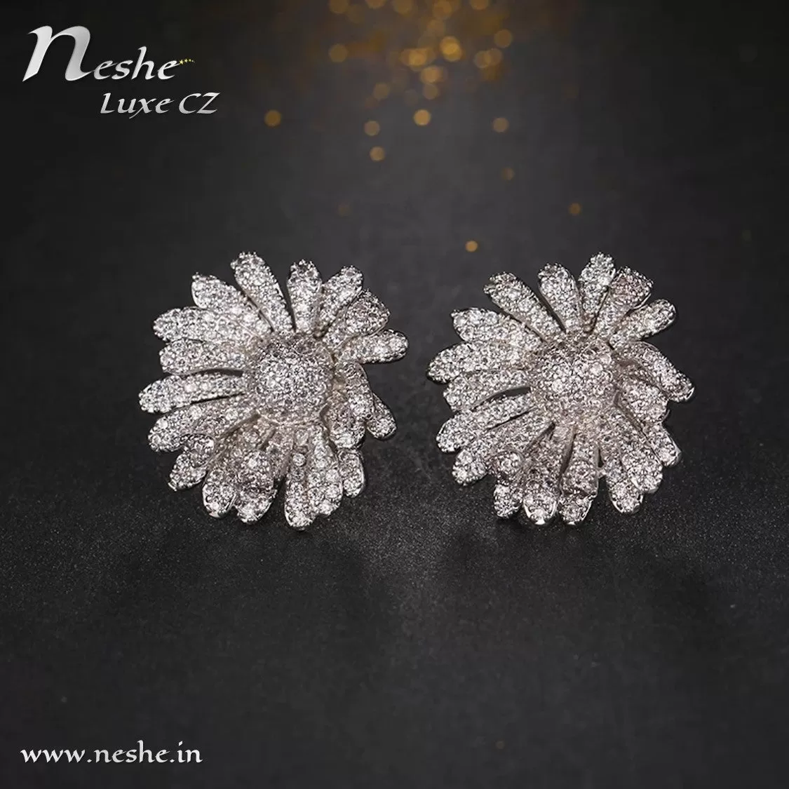 CZ Crystal Silver Flower Statement Party Stud Earring