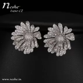 CZ Crystal Silver Flower Statement Party Stud Earring