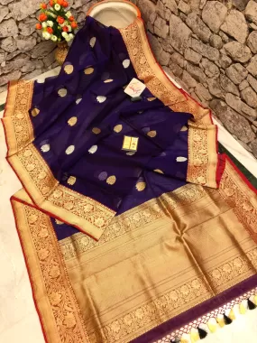 Dark Brinjal Color Pure Kora Organza Banarasi Silk Saree with Silver and Golden Zari Butta Work