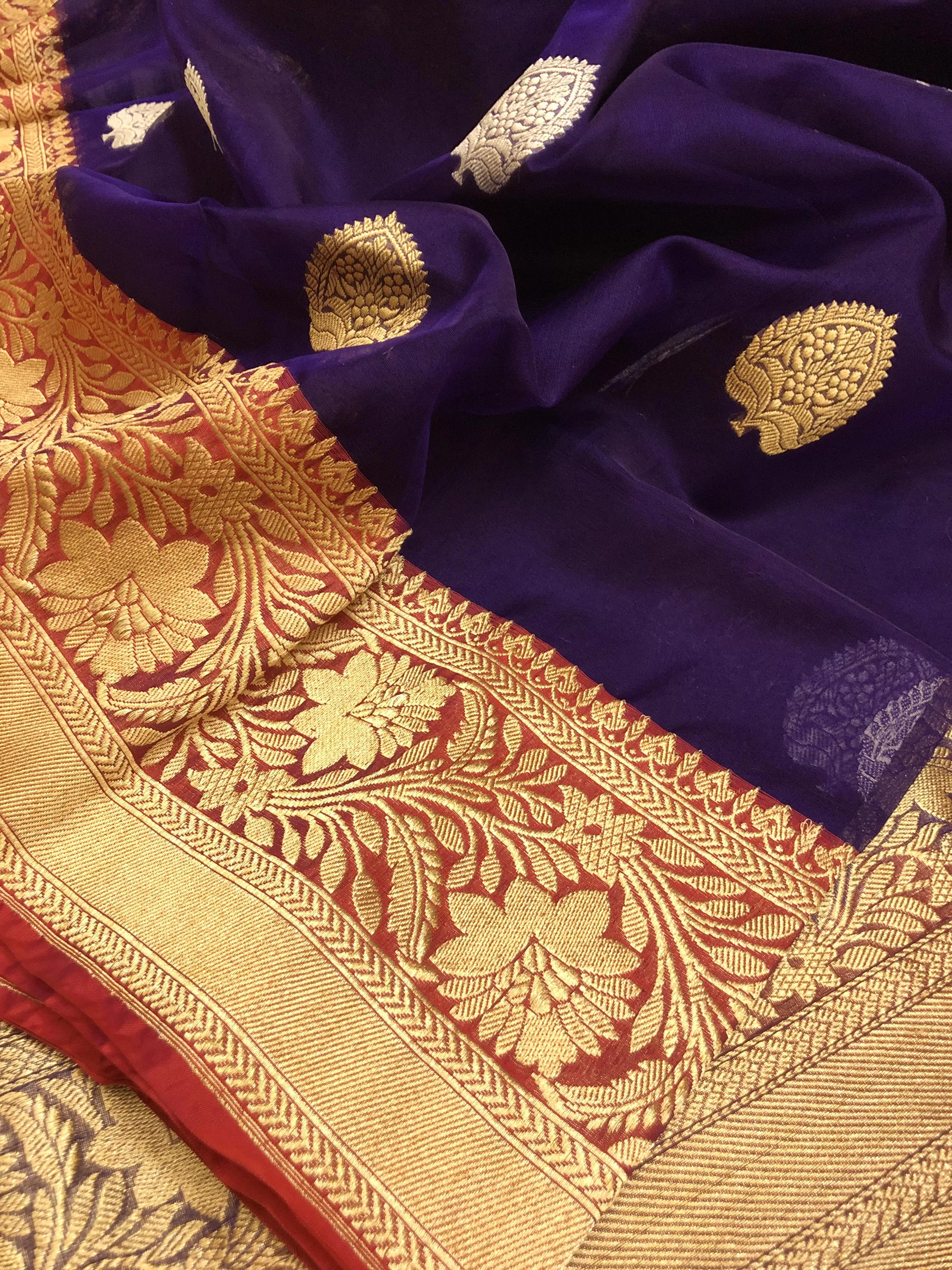 Dark Brinjal Color Pure Kora Organza Banarasi Silk Saree with Silver and Golden Zari Butta Work