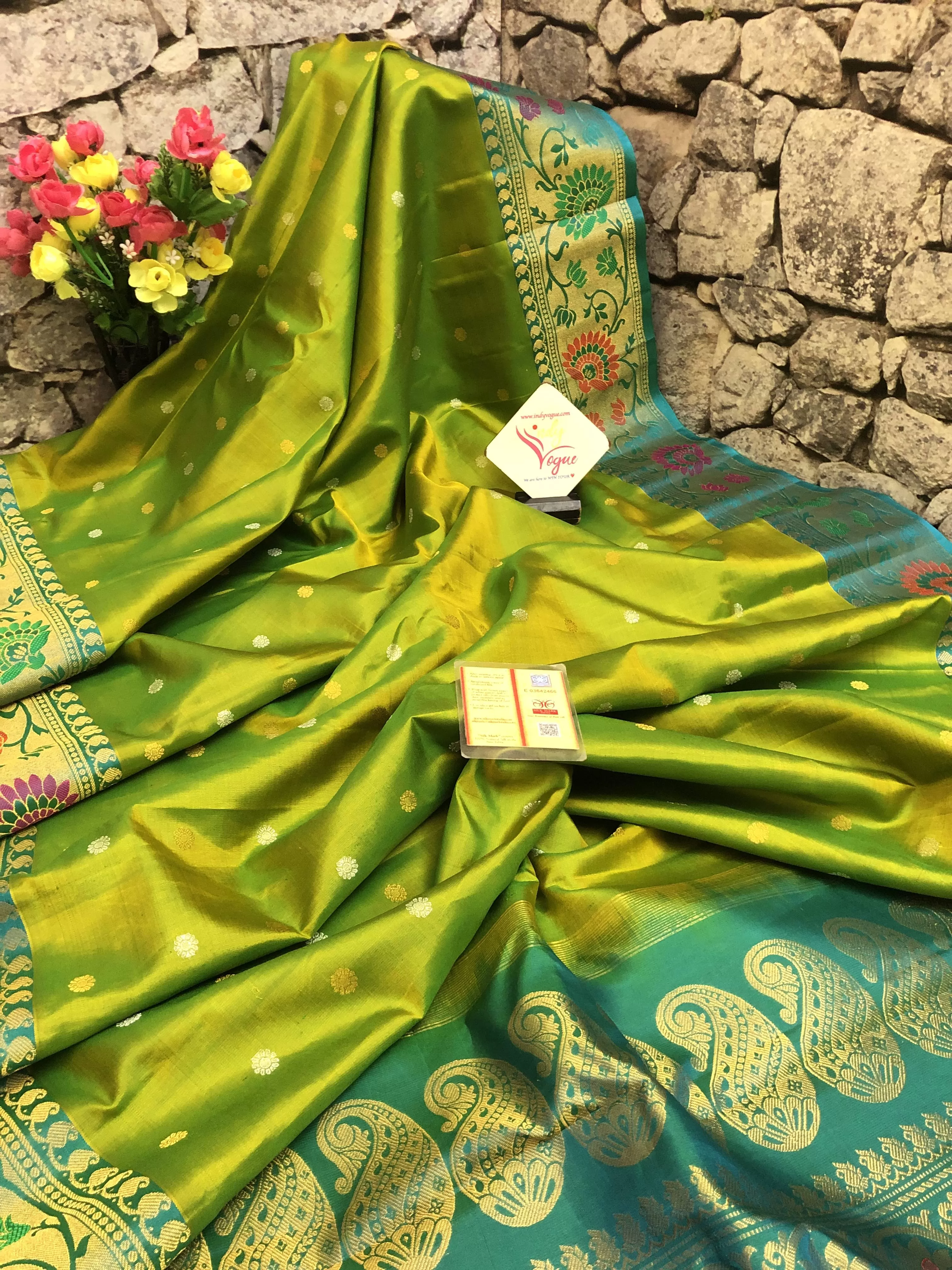 Dual Tone Green and Golden Pure Gadwal with Meenakari Work