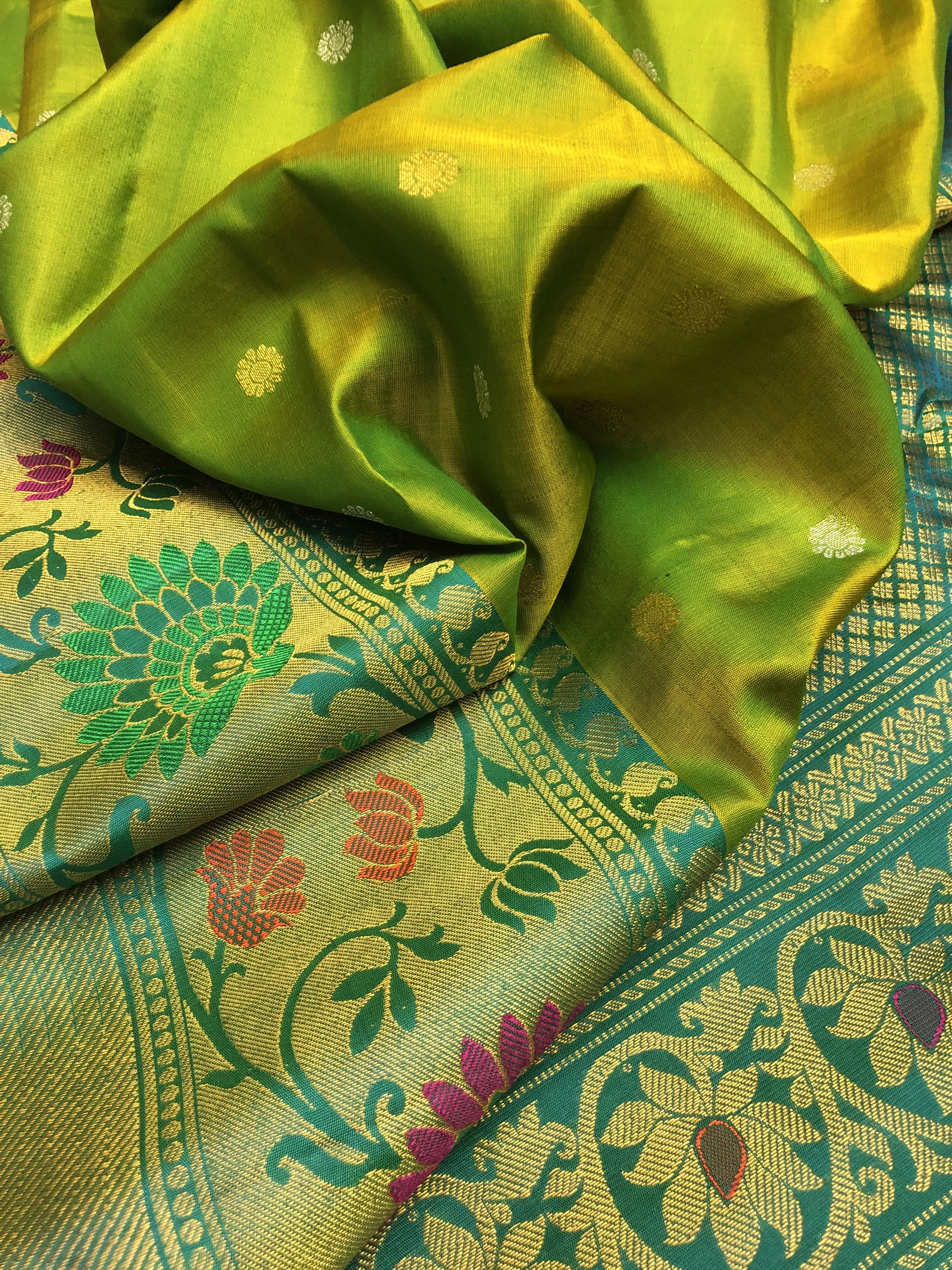 Dual Tone Green and Golden Pure Gadwal with Meenakari Work