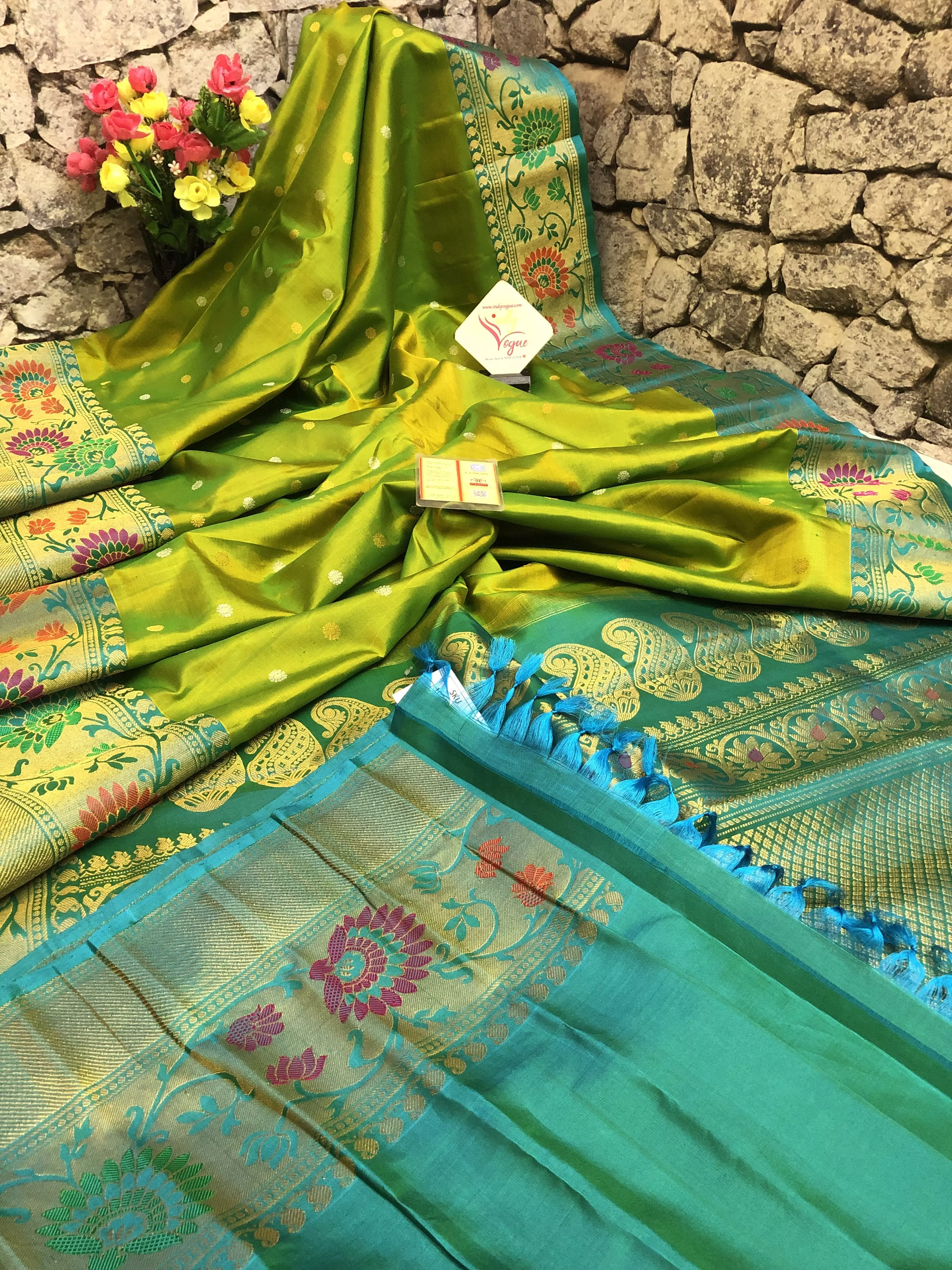 Dual Tone Green and Golden Pure Gadwal with Meenakari Work