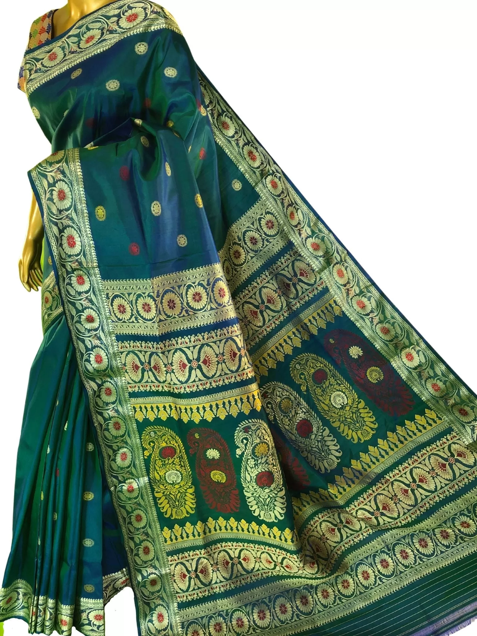 Dual Tone Green Color Revival Golani Baluchari Silk Saree with Three Borders