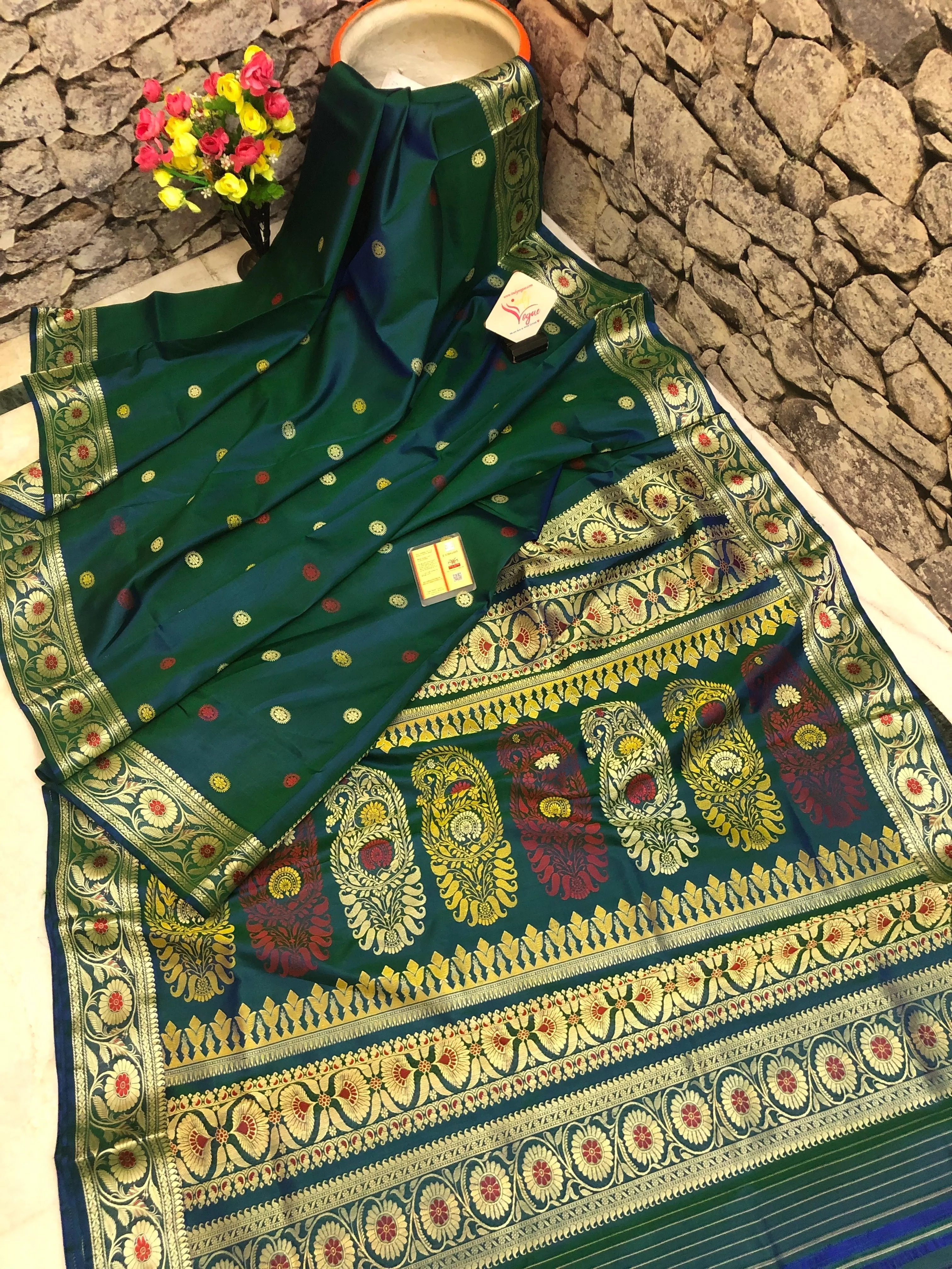 Dual Tone Green Color Revival Golani Baluchari Silk Saree with Three Borders