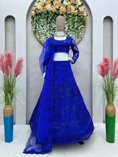 Electric Blue Butterfly Semi Stitched Lehenga Choli Set