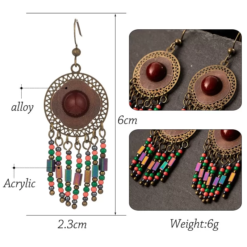 ethnic ant. bronze red stone beads drop earring