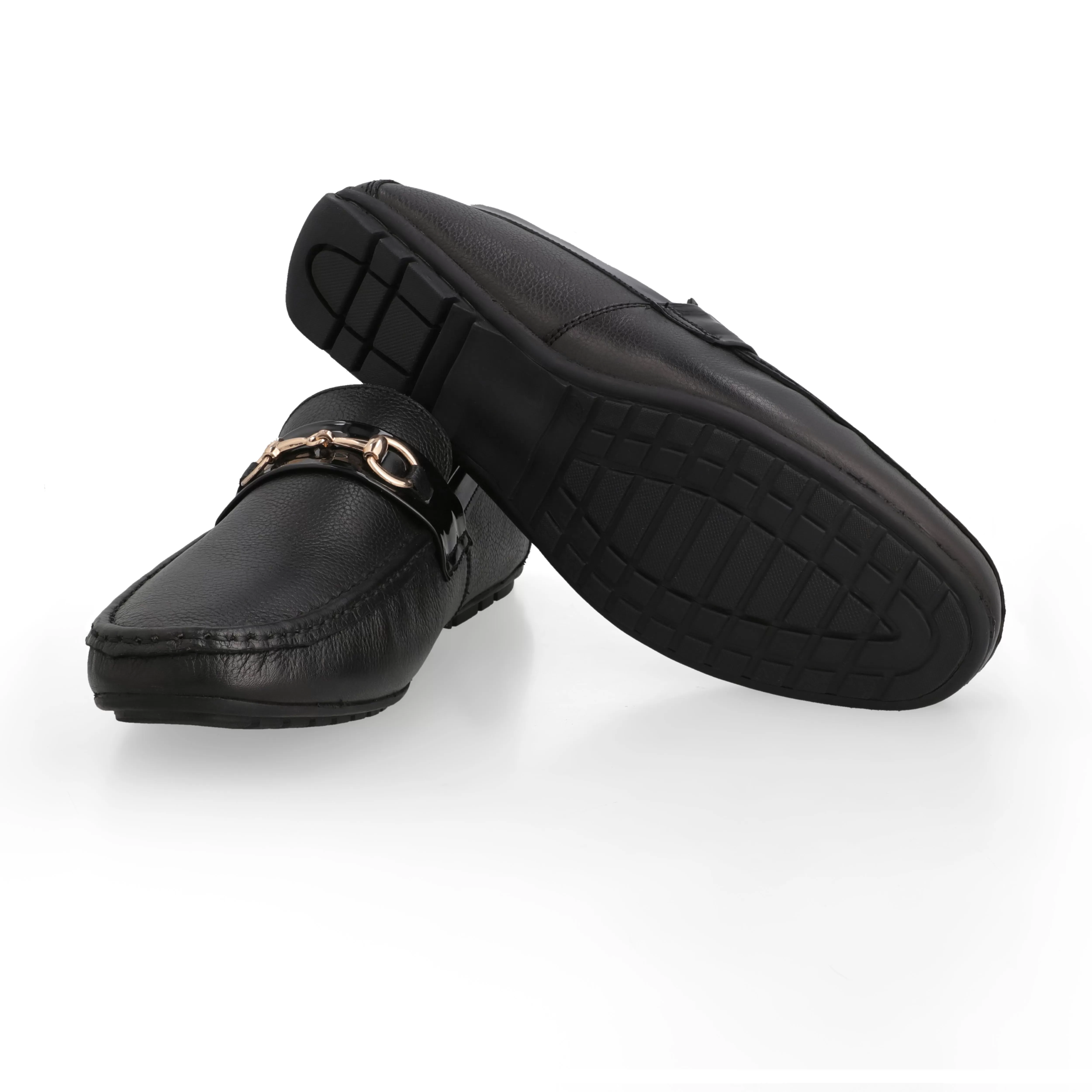 Gold Horse-Bit Buckle Moccasins-Black