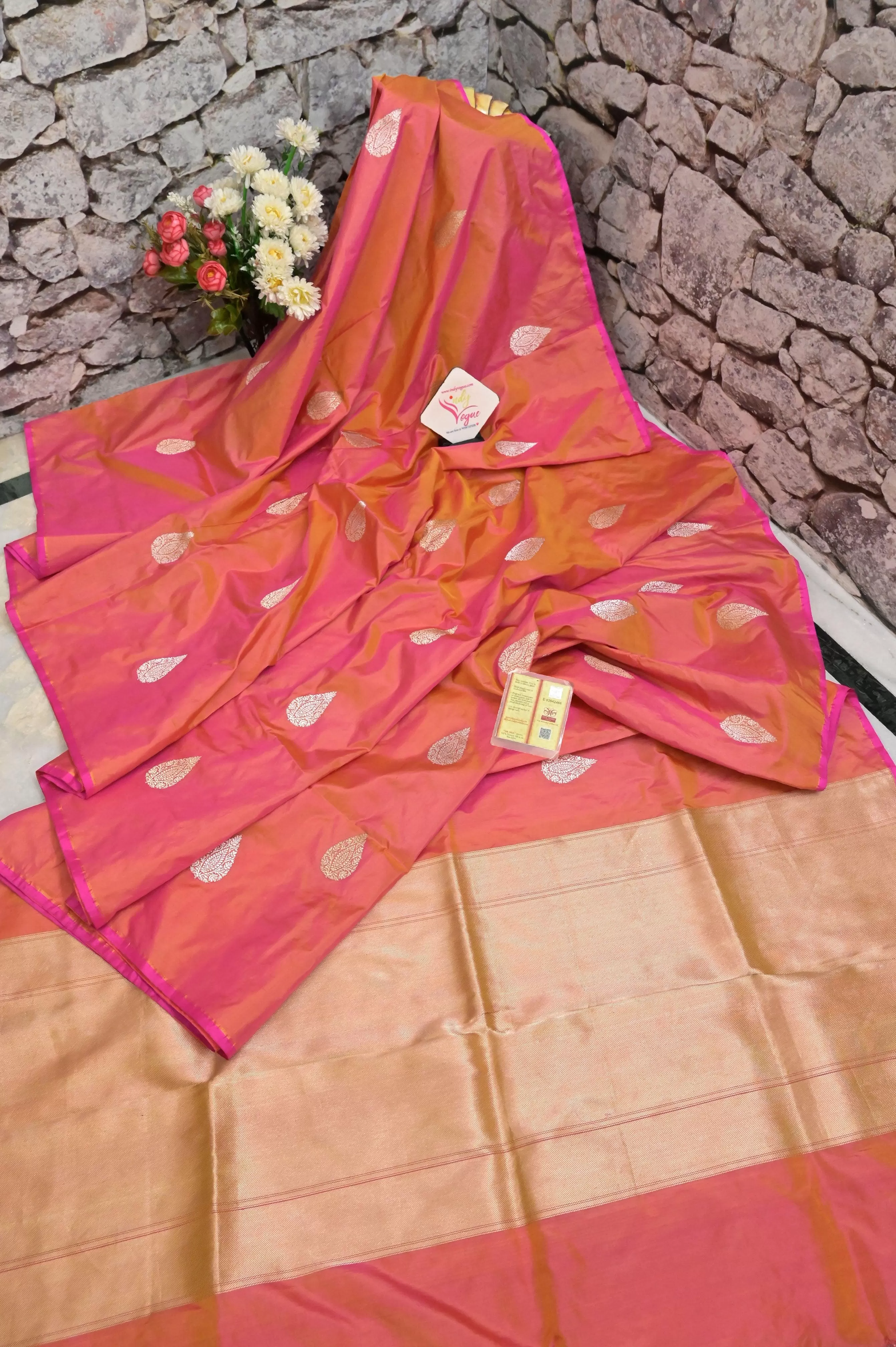 Golden Yellow and Magenta Dual Tone Katan Banarasi Saree