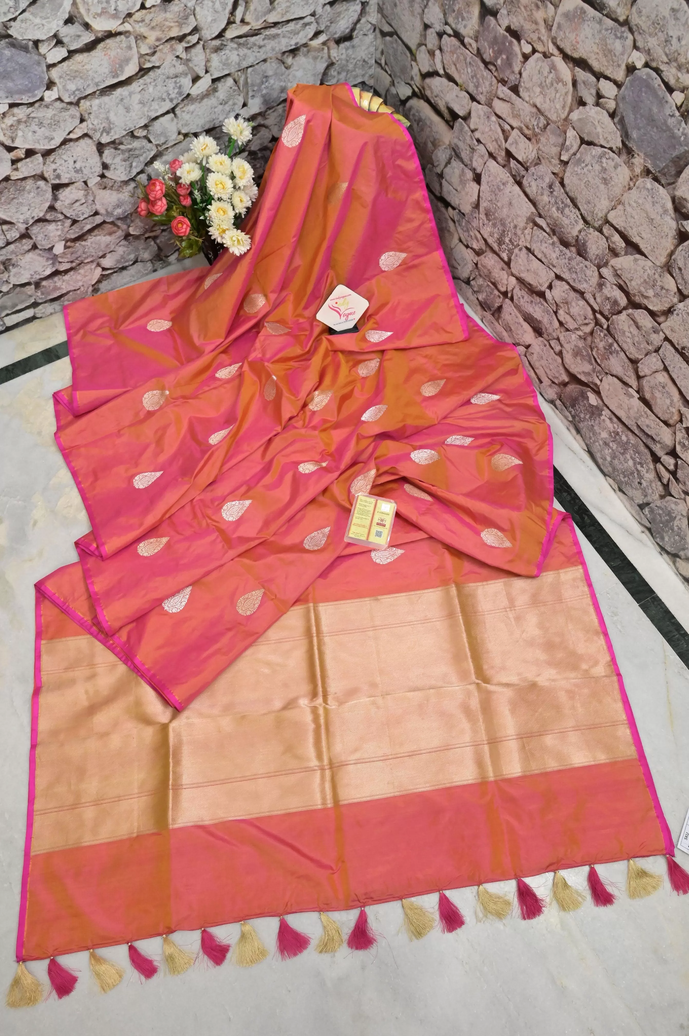 Golden Yellow and Magenta Dual Tone Katan Banarasi Saree