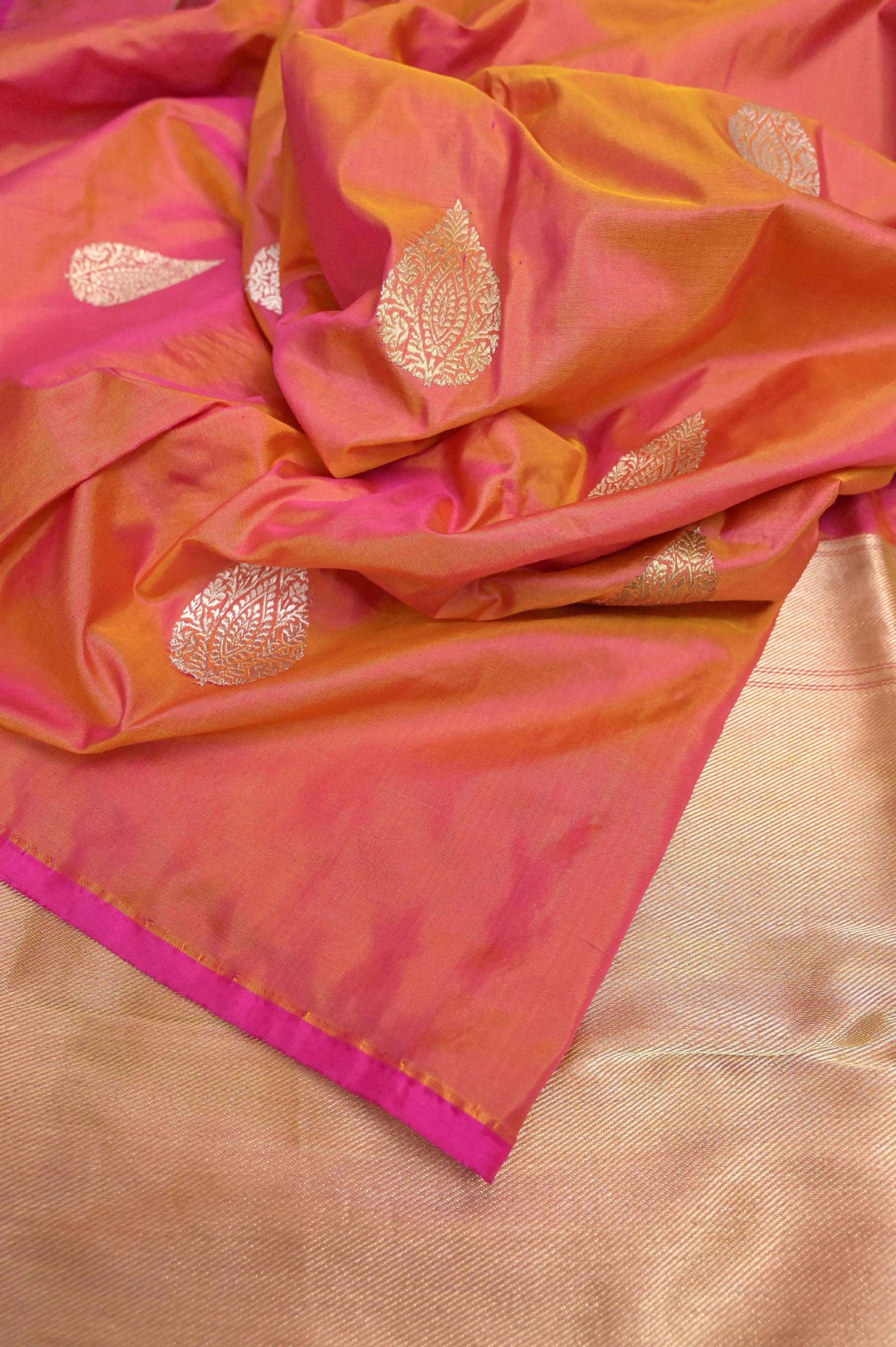 Golden Yellow and Magenta Dual Tone Katan Banarasi Saree