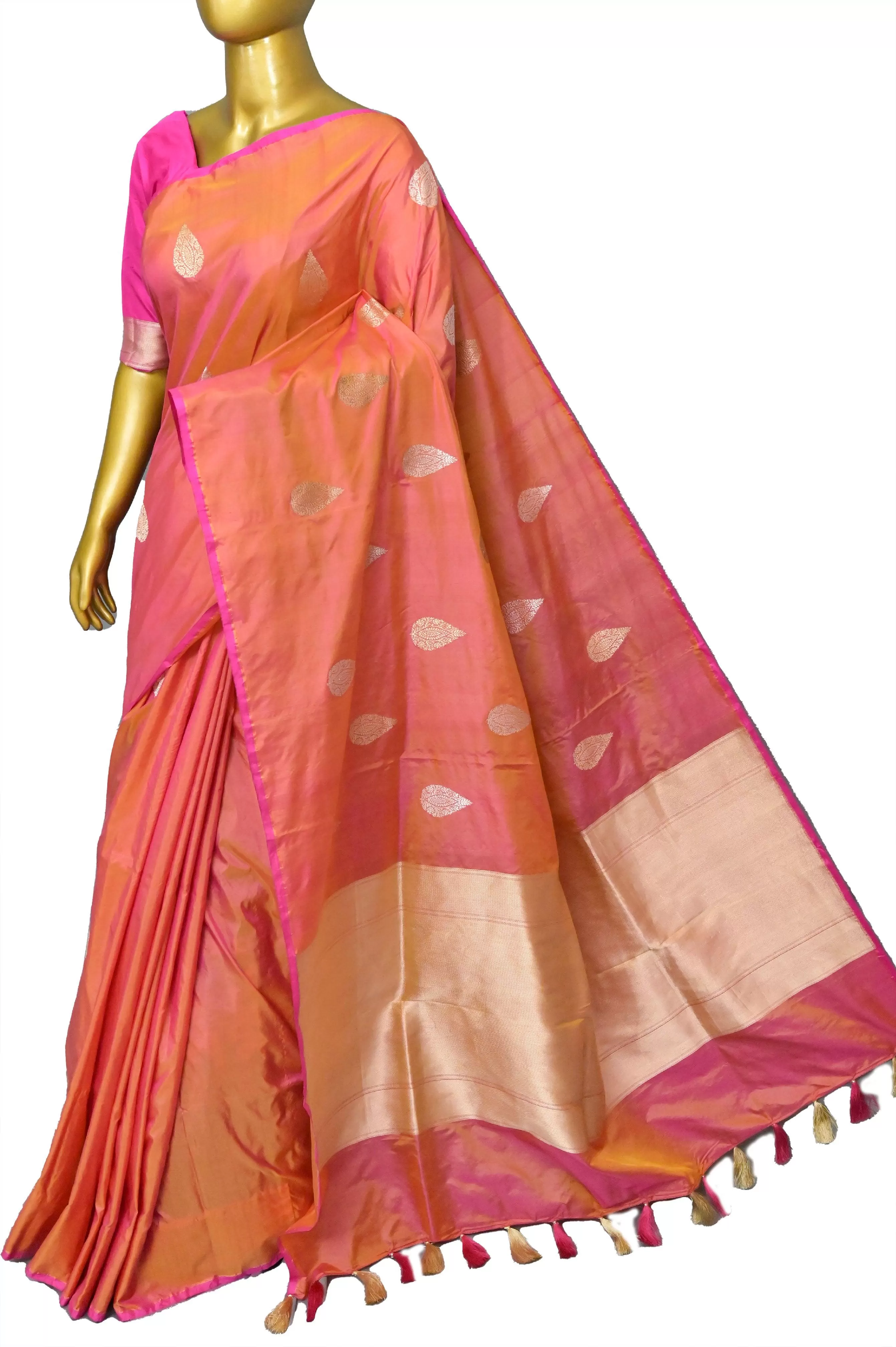 Golden Yellow and Magenta Dual Tone Katan Banarasi Saree