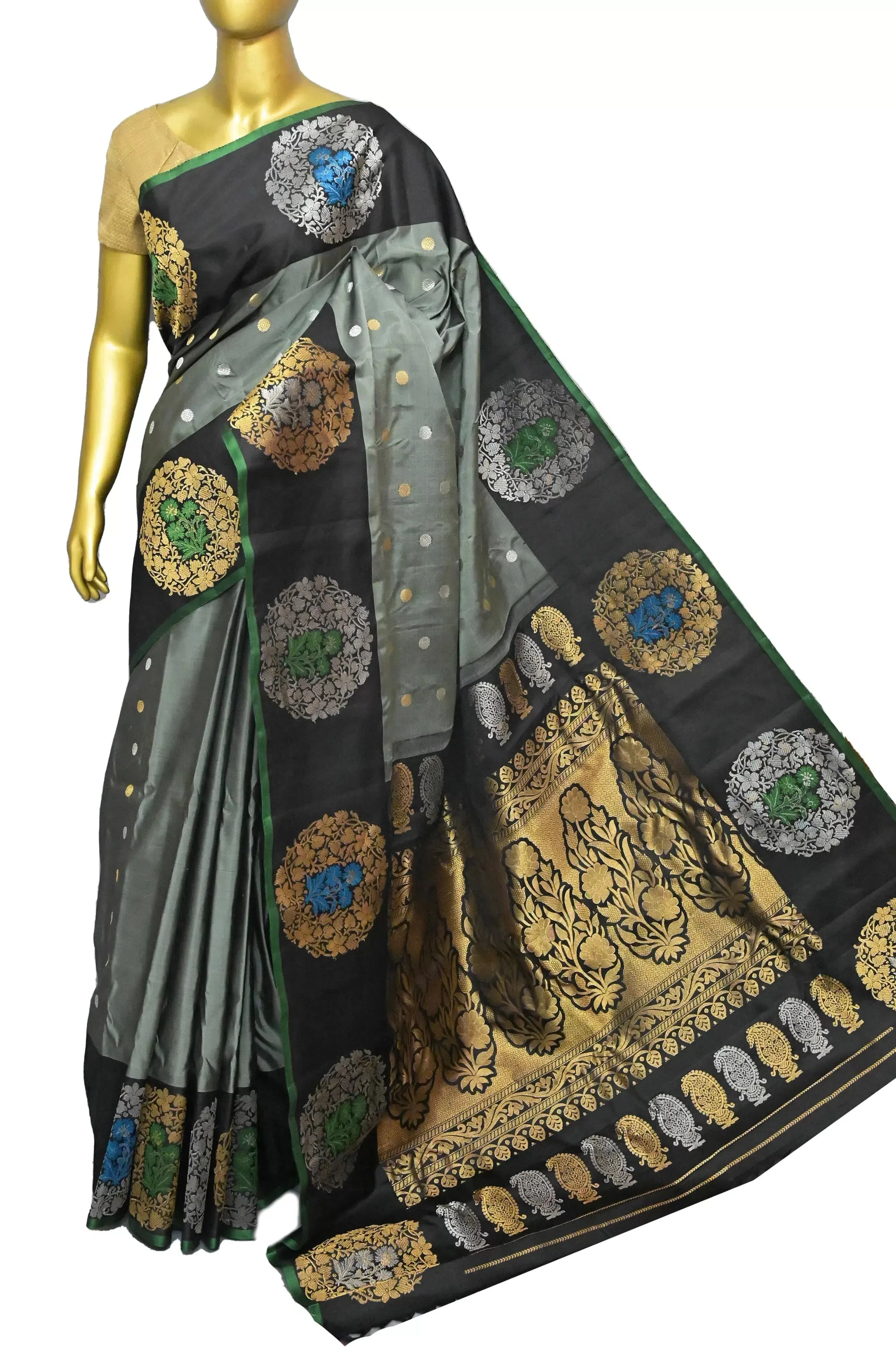 Grey and Black Color Pure Gadwal Silk Saree with Golden and Silver Zari and Meenakari Butta