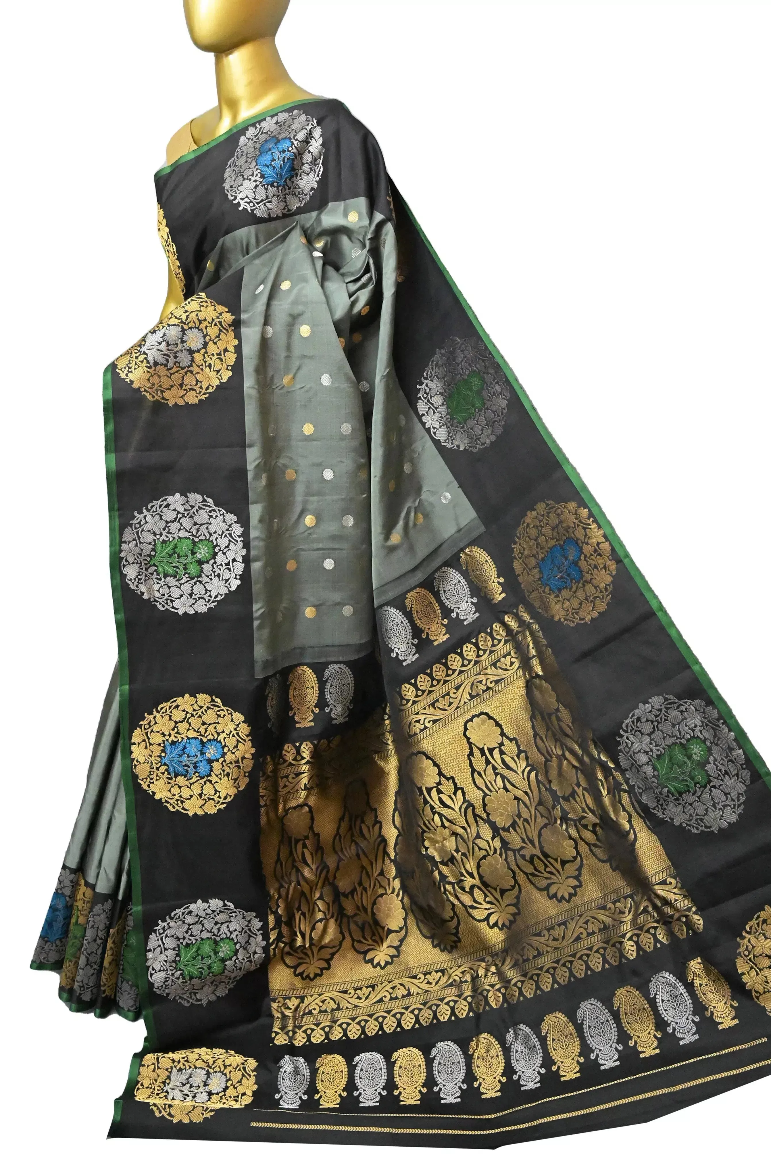 Grey and Black Color Pure Gadwal Silk Saree with Golden and Silver Zari and Meenakari Butta