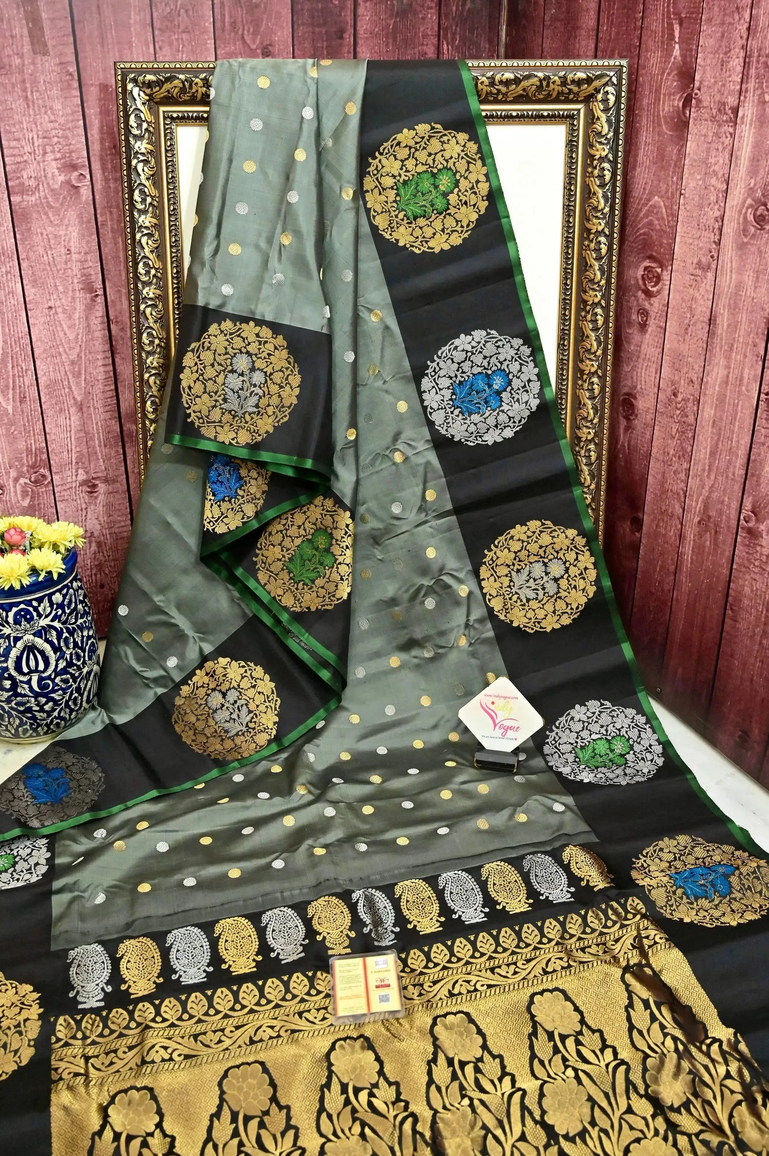 Grey and Black Color Pure Gadwal Silk Saree with Golden and Silver Zari and Meenakari Butta