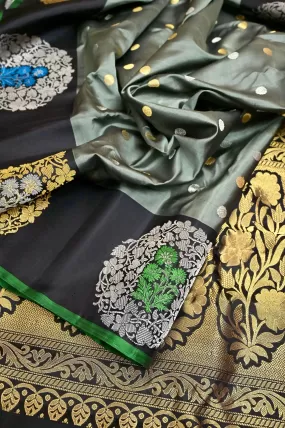 Grey and Black Color Pure Gadwal Silk Saree with Golden and Silver Zari and Meenakari Butta