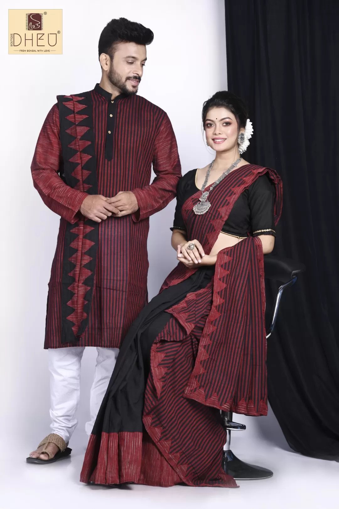 Kamrup Maroon- Saree-Kurta Couple Set