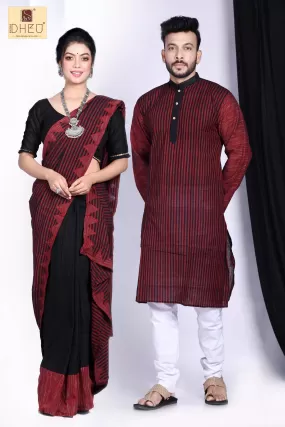 Kamrup Maroon- Saree-Kurta Couple Set