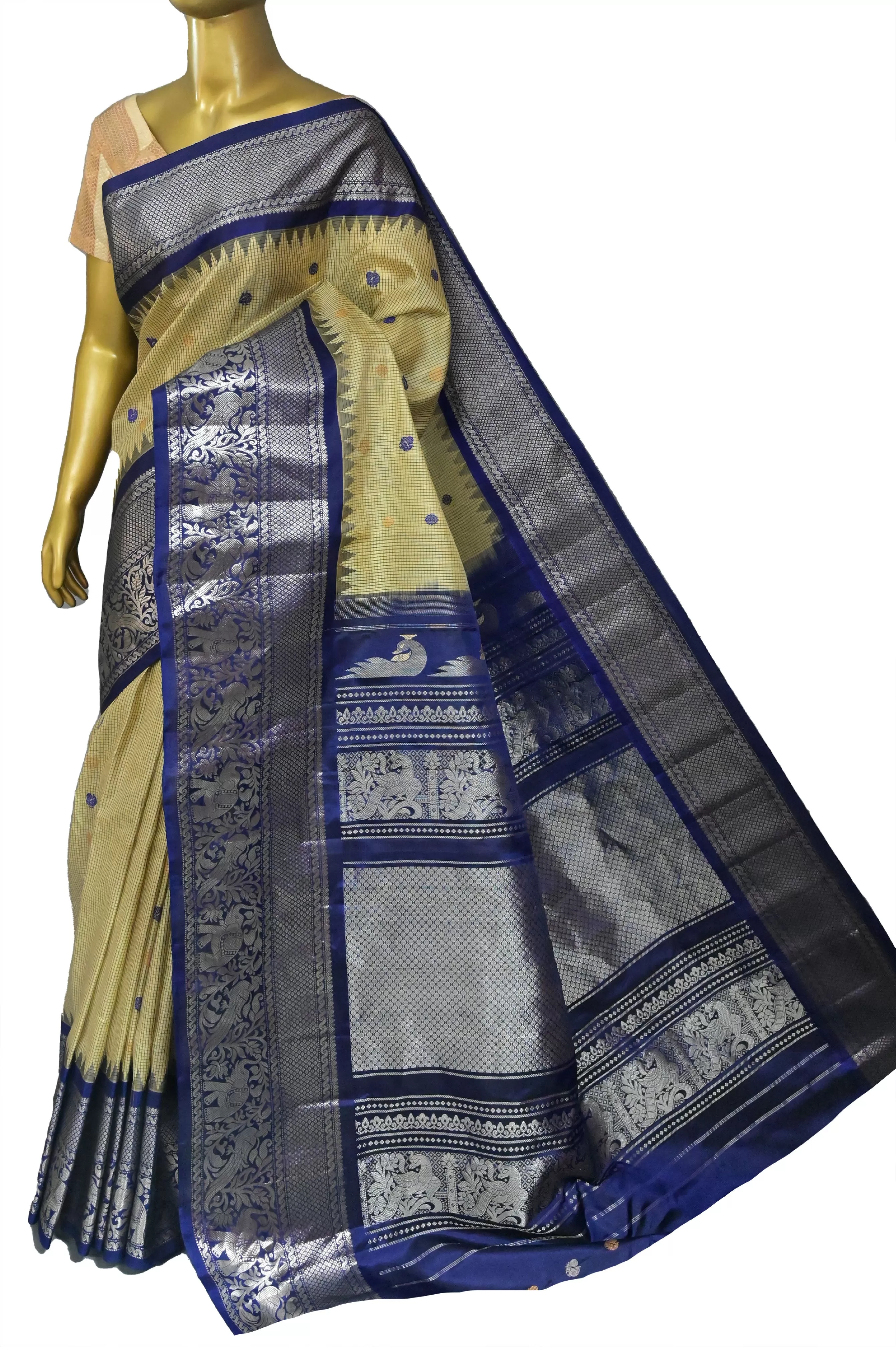 Light Chikoo and Blue Color with Check and Buti Work with Silver Zari Work