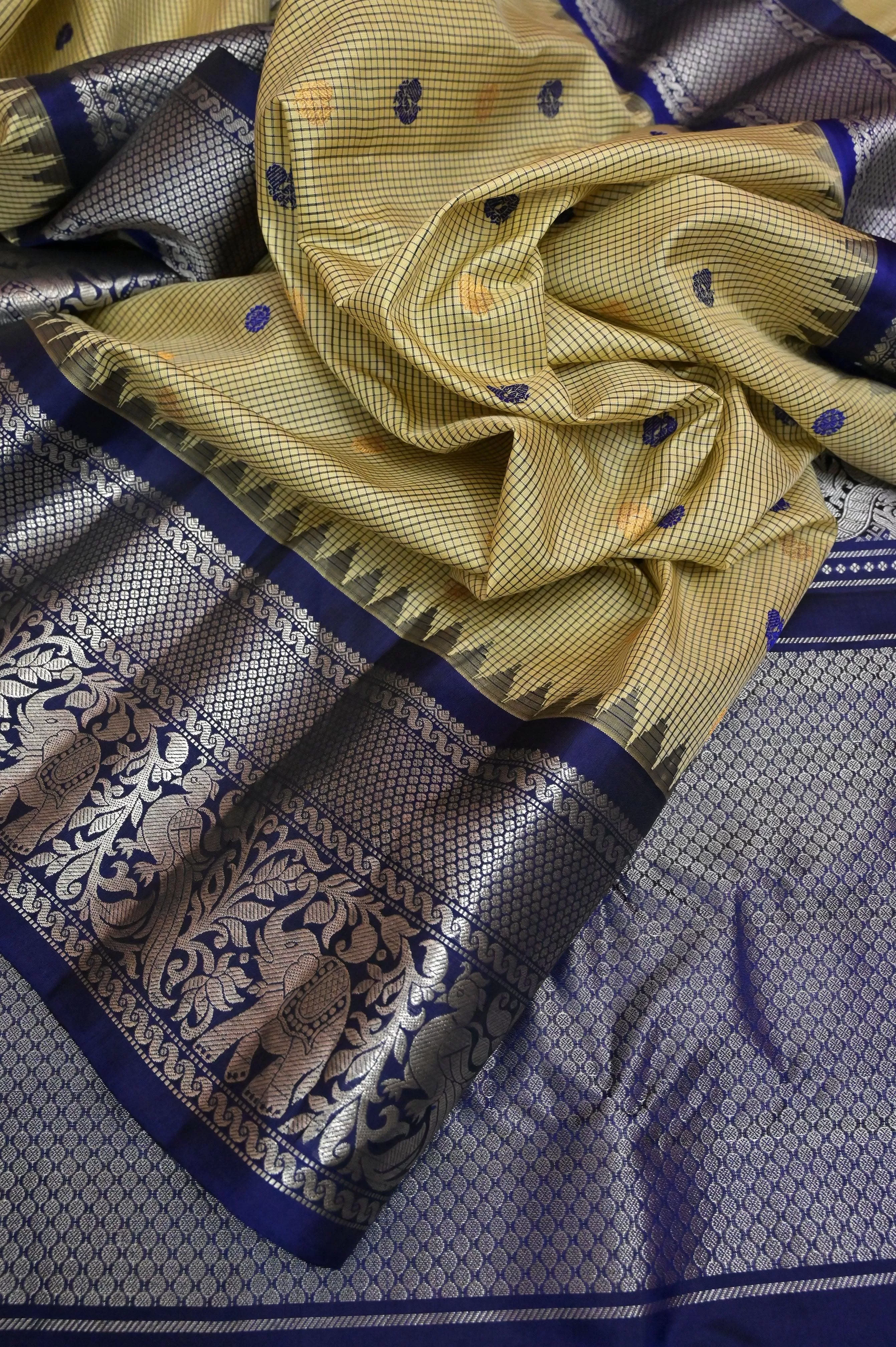 Light Chikoo and Blue Color with Check and Buti Work with Silver Zari Work