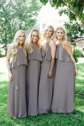 Light Slate Gray Spaghetti Straps Long Chiffon Bridesmaid Dress