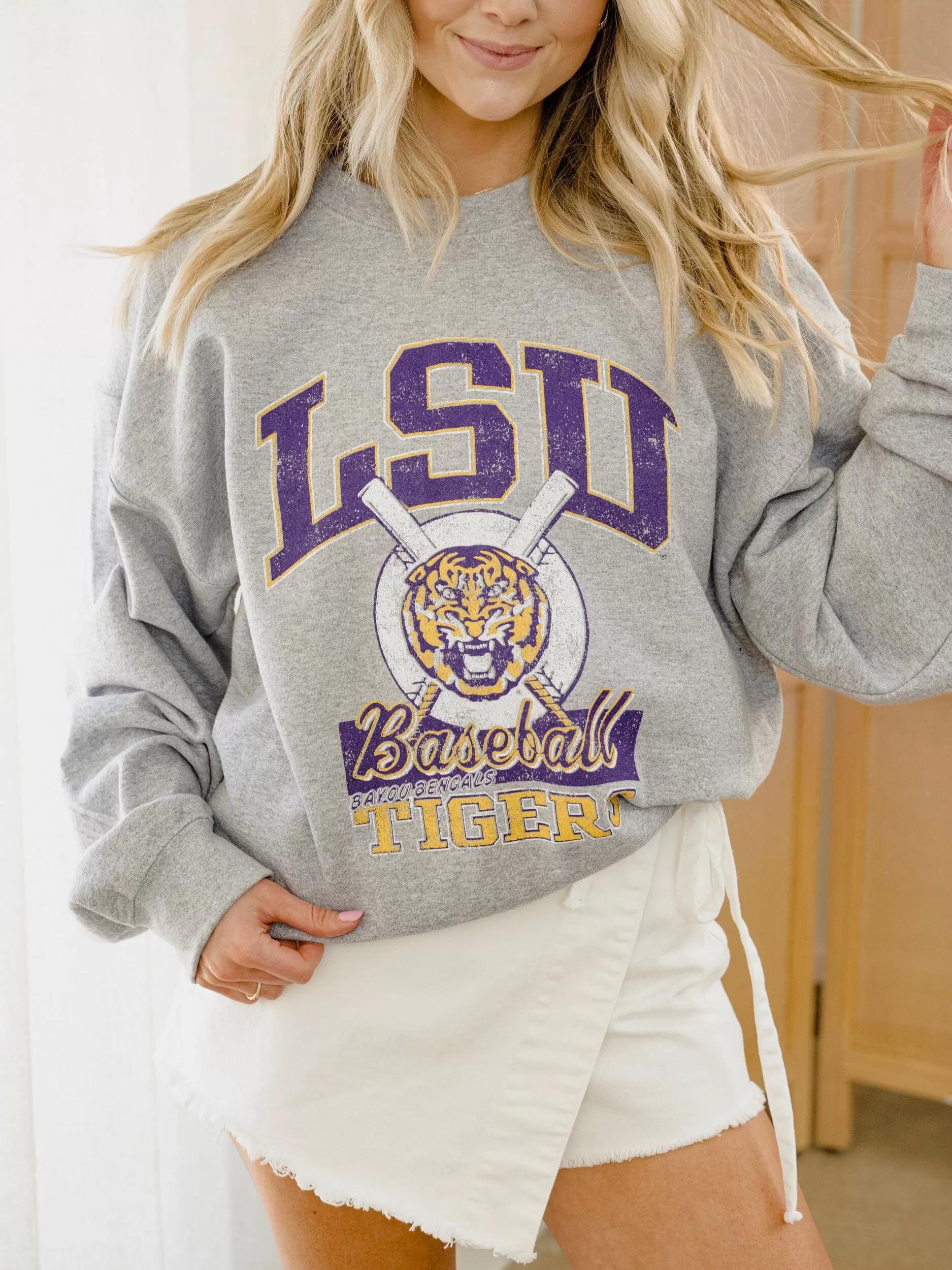 LSU Tigers Baseball Gray Thrifted Sweatshirt