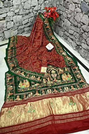 Maroon and Green Color Pure Ghazi Silk Gharchola with Hand Bandhani and Zardozi with Mirror Embroidery