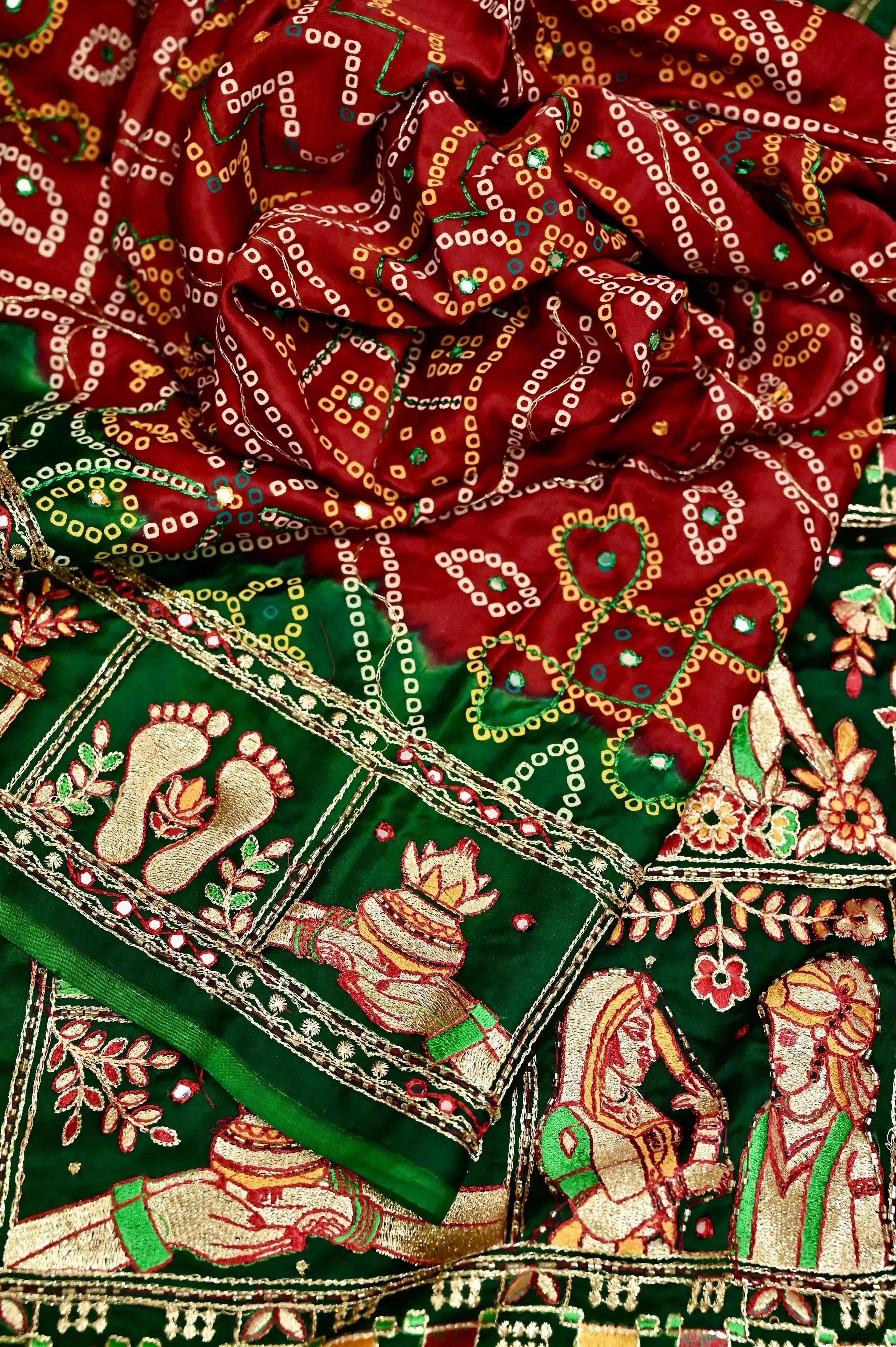 Maroon and Green Color Pure Ghazi Silk Gharchola with Hand Bandhani and Zardozi with Mirror Embroidery