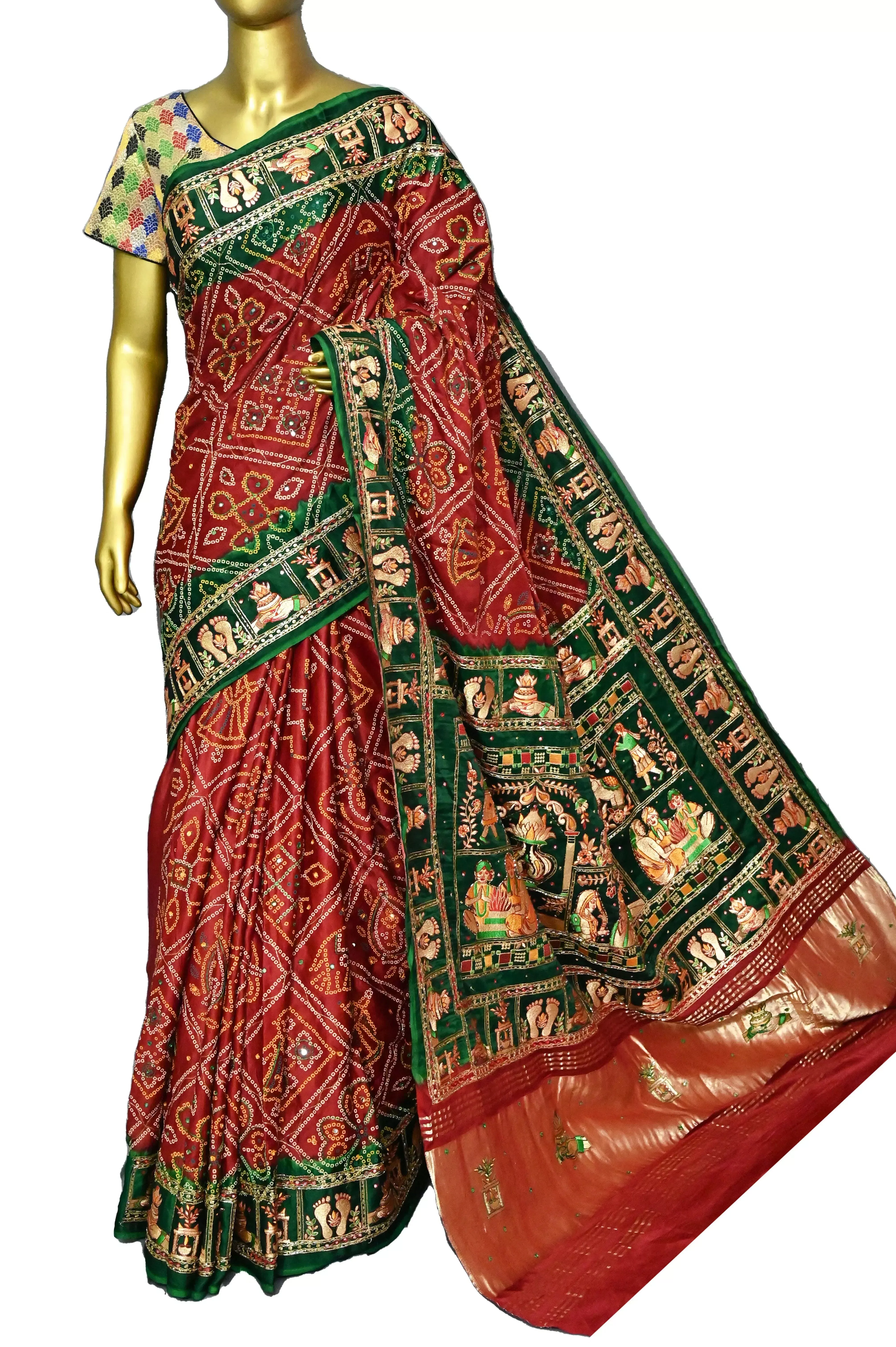 Maroon and Green Color Pure Ghazi Silk Gharchola with Hand Bandhani and Zardozi with Mirror Embroidery