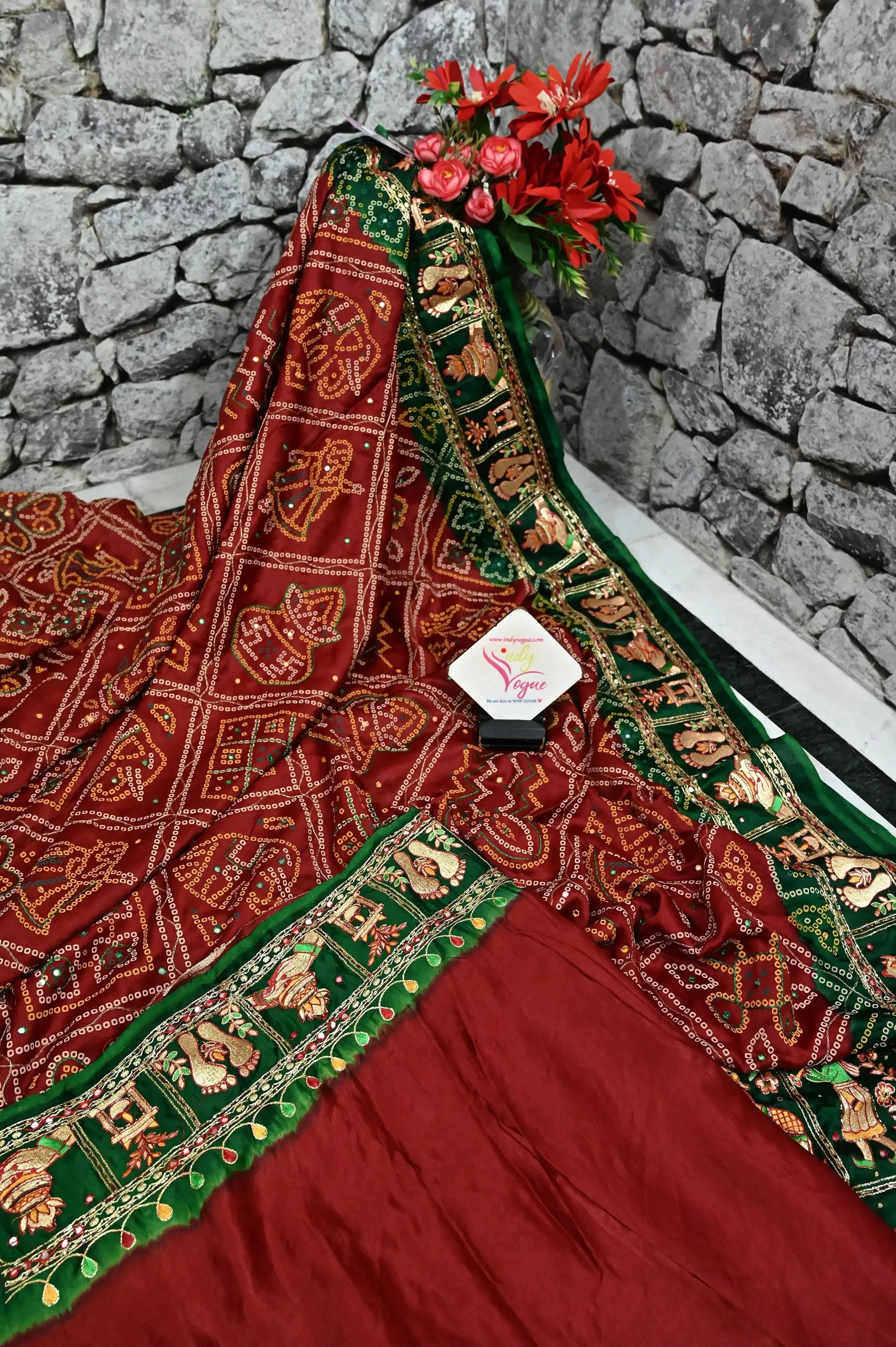 Maroon and Green Color Pure Ghazi Silk Gharchola with Hand Bandhani and Zardozi with Mirror Embroidery