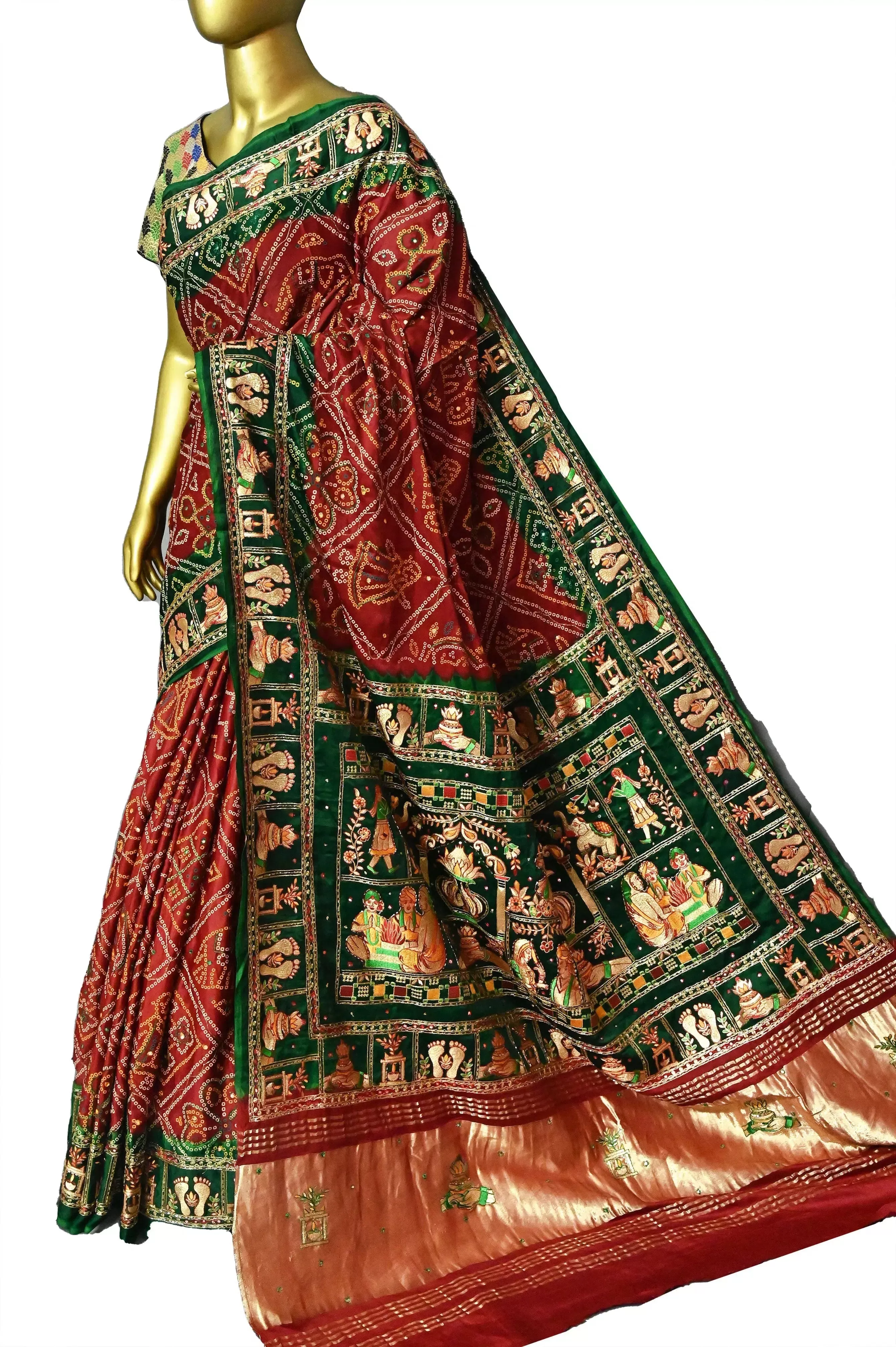 Maroon and Green Color Pure Ghazi Silk Gharchola with Hand Bandhani and Zardozi with Mirror Embroidery