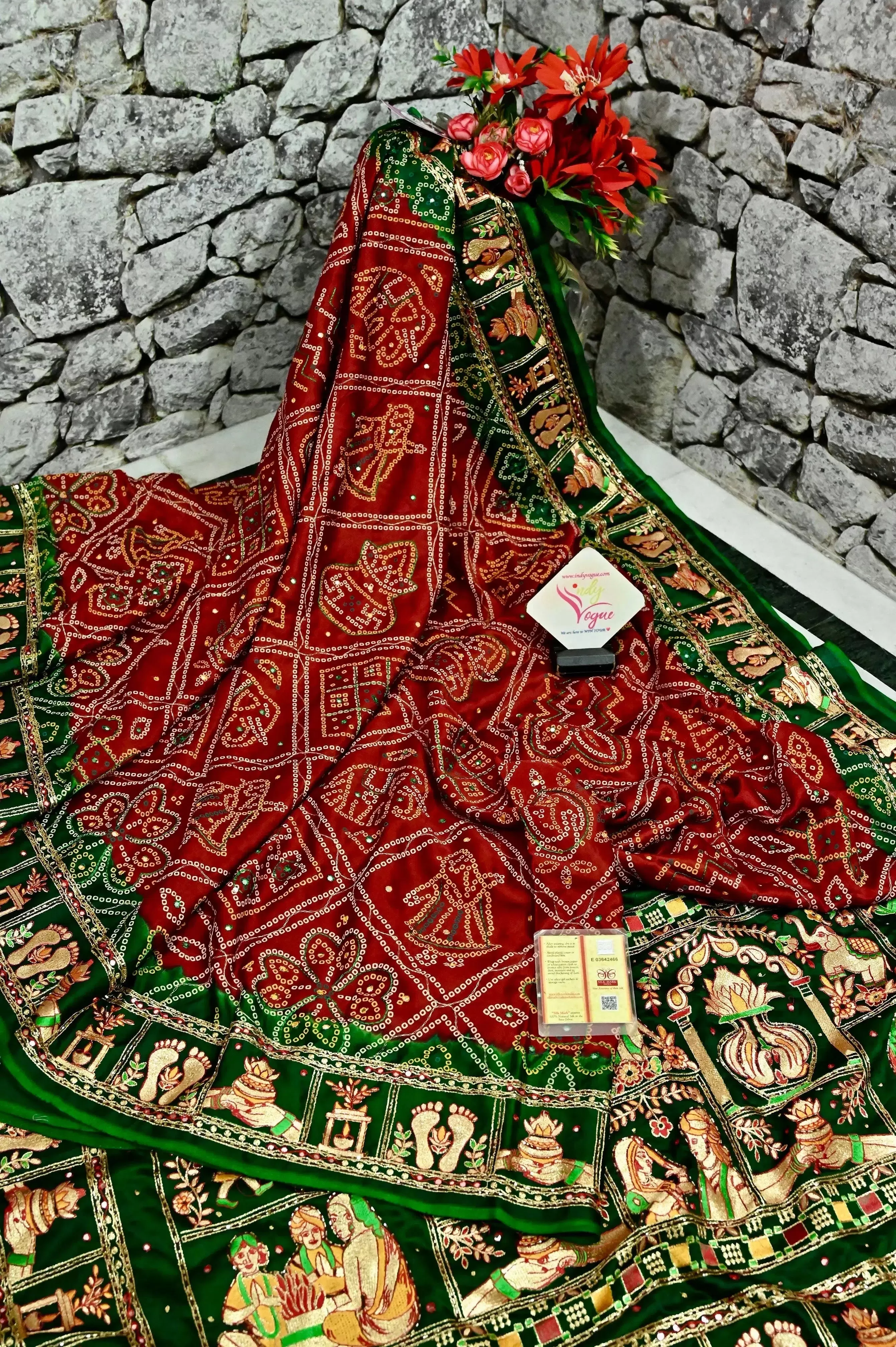 Maroon and Green Color Pure Ghazi Silk Gharchola with Hand Bandhani and Zardozi with Mirror Embroidery