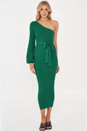 Merino One Shoulder Knit Dress - Emerald